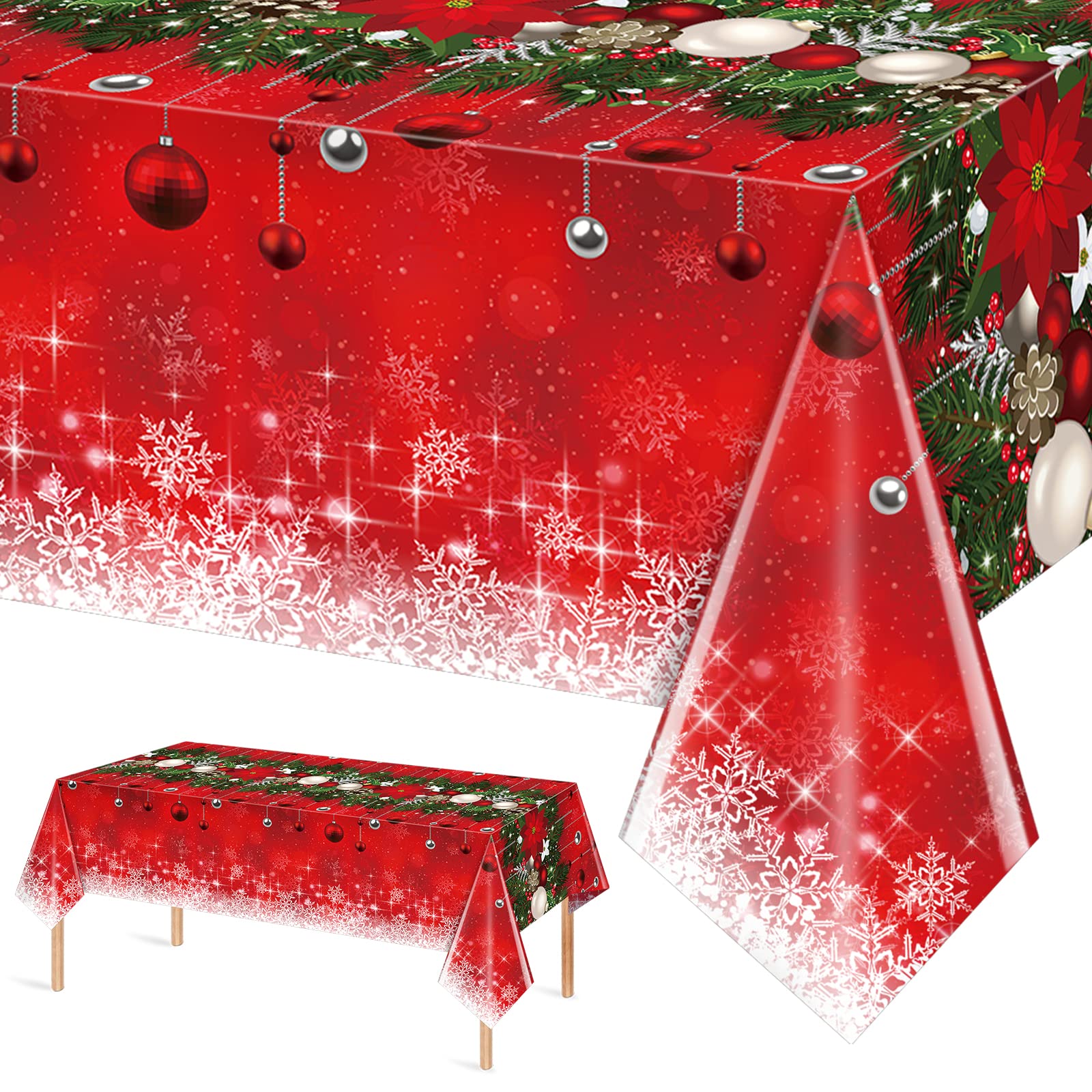 Jectivs 1Pieces Merry Christmas Tablecloth Plastic Christmas Tree Ball Table Cover Rectangle Winter Snowflake Tablecloth for Mer