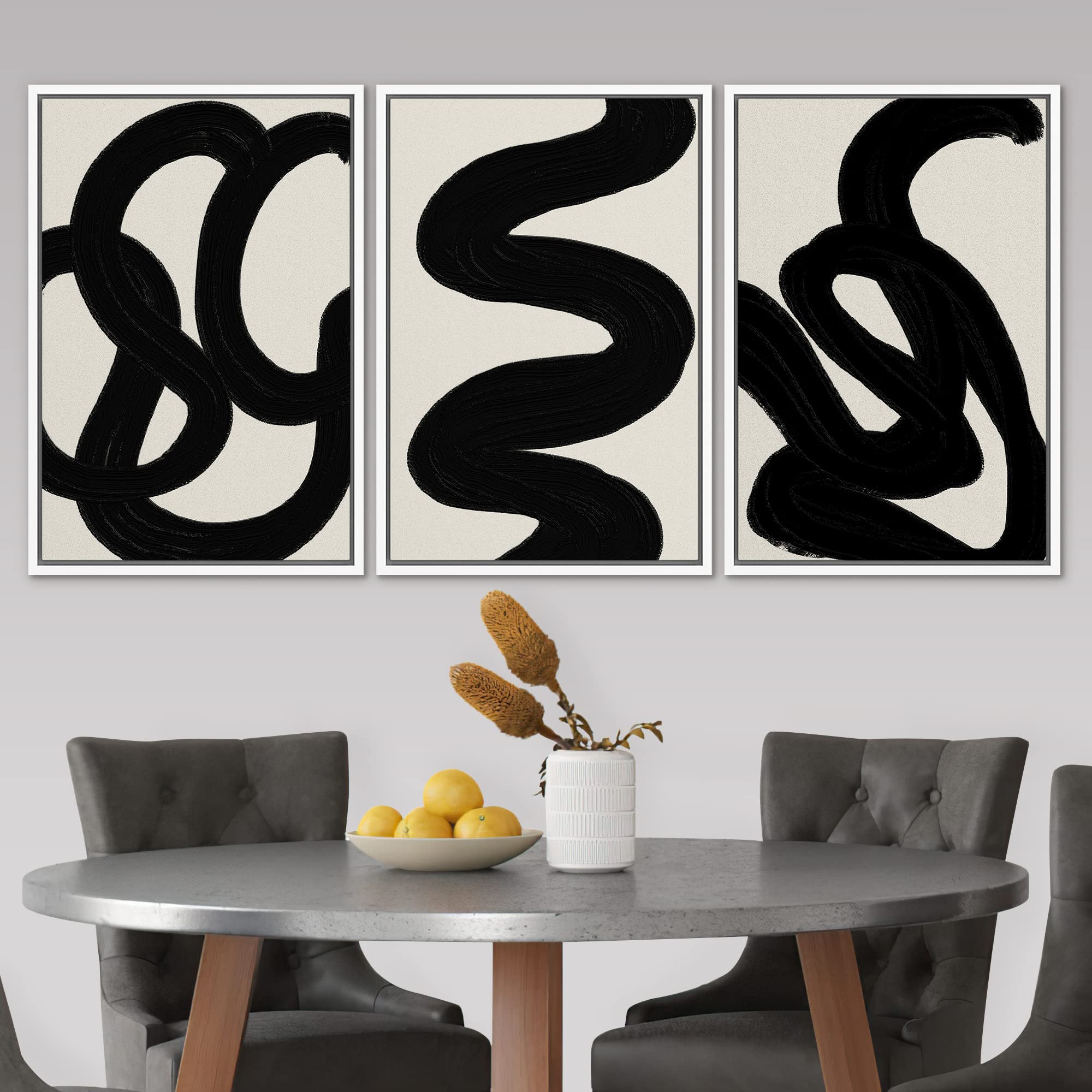 Signleader Framed Canvas Print Wall Art Set Duotone Minimal Dark Brush Stroke Landscape Abstract Shapes Illustrations Boho Decor