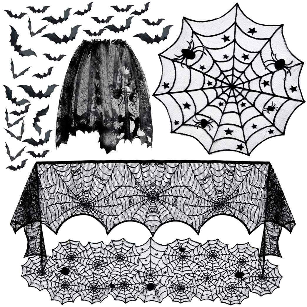5Pack Halloween Decorations Tablecloth Runner Black Lace Round Spider Cobweb Table Cover Fireplace Mantel Scarf Spiderweb Firepl