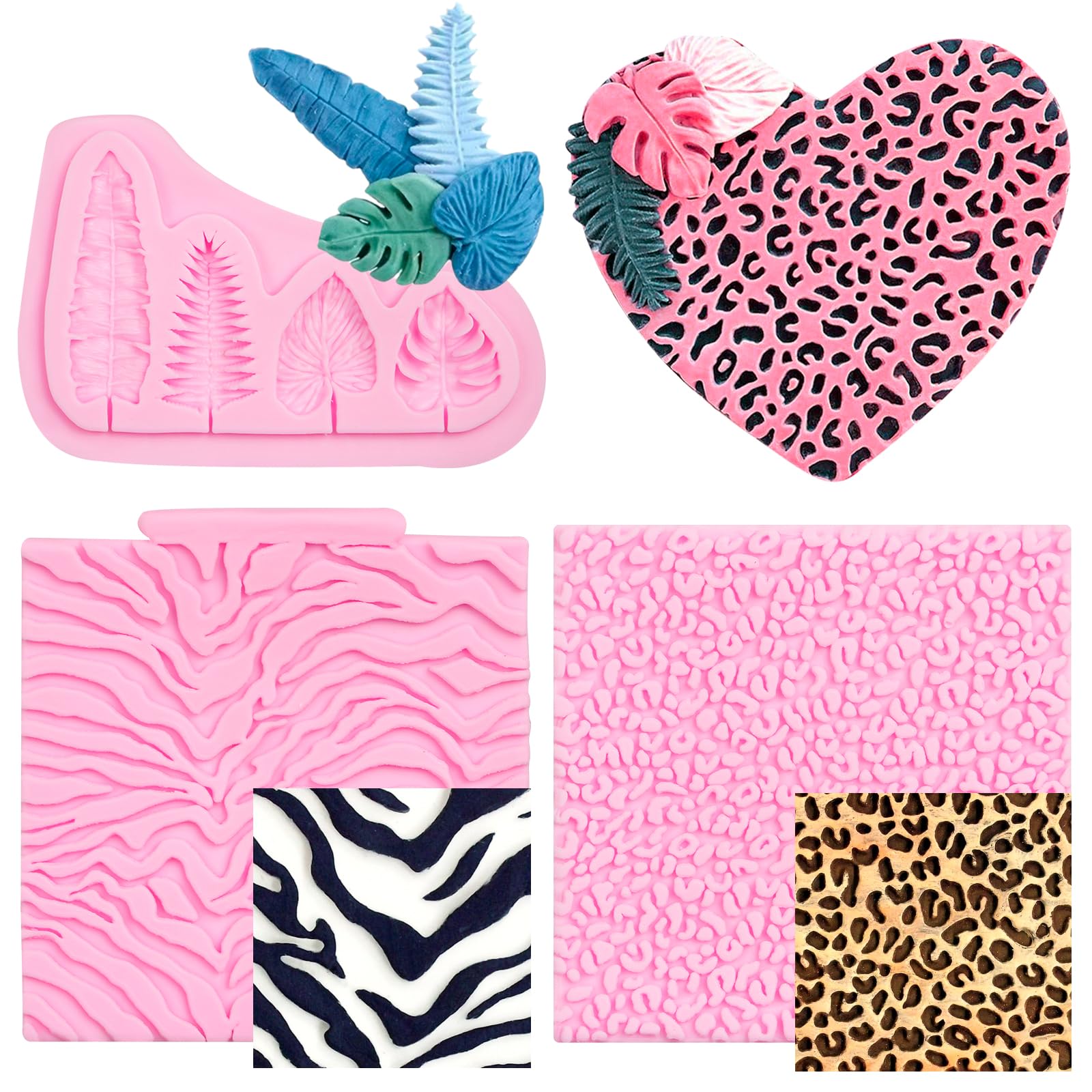 Jungle Leaves Silicone Mold, Tropical Leaf Leopard Print Chocolate Molds, Zebra Print Plant Palm Turtle Leaf Candy Baking Molds 