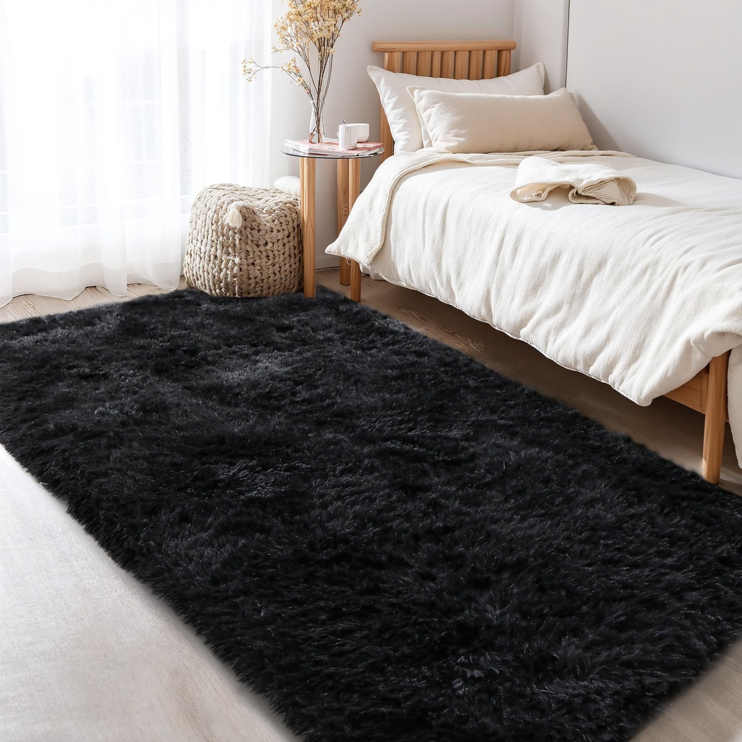 KCHOWUA Black Rug for Bedroom 3x5 Fluffy Rug for Living Room Thick Machine Washable Plush Carpet for College Dorm Non Slip Soft 