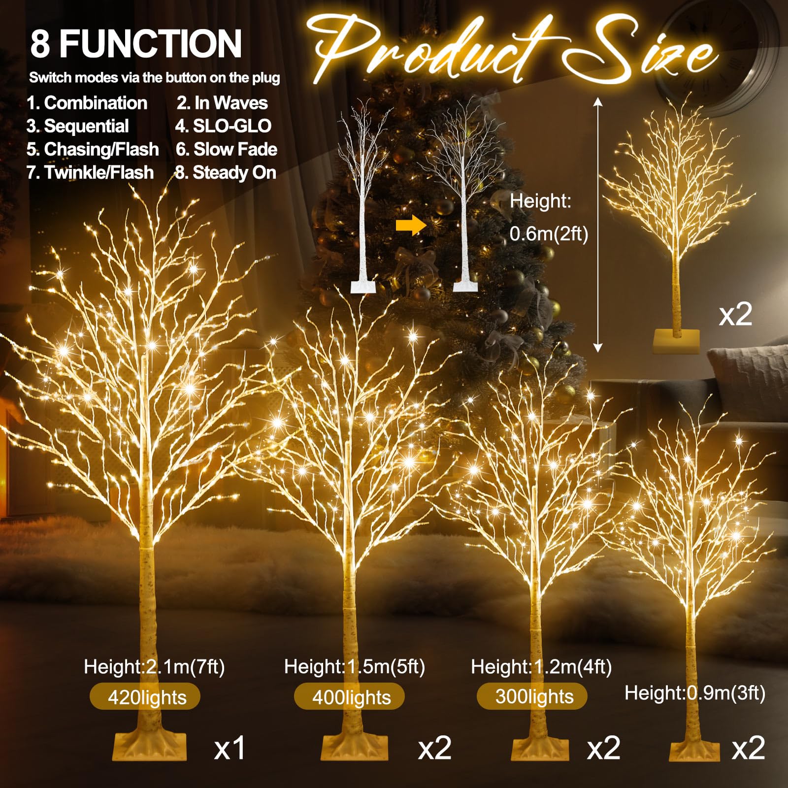 Aurelema 9 Pcs Lighted Birch Tree 8 Modes Christmas Artificial LED Warm White Lights Birch Tree for Indoor and Outdoor Home Deco