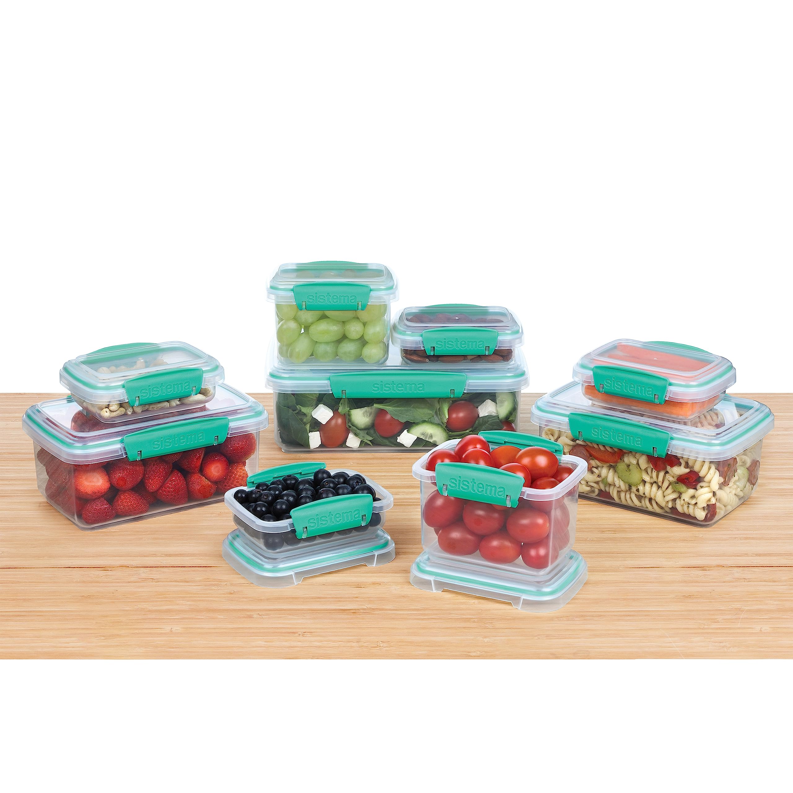 Sistema 18-Piece Food Storage Containers With Lids For Lunch, Meal Prep, And Leftovers, Dishwasher Safe, Clear/Blue