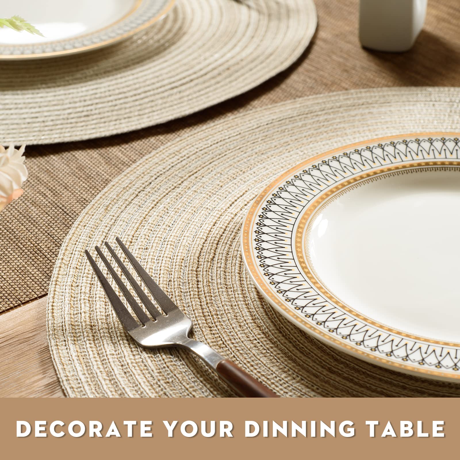 Funwheat Round Braided Placemats Set Of 8 Place Mats For Dining Tables Woven Heat Resistant Table Mats 15 Inch (E Beige, 8Pcs)