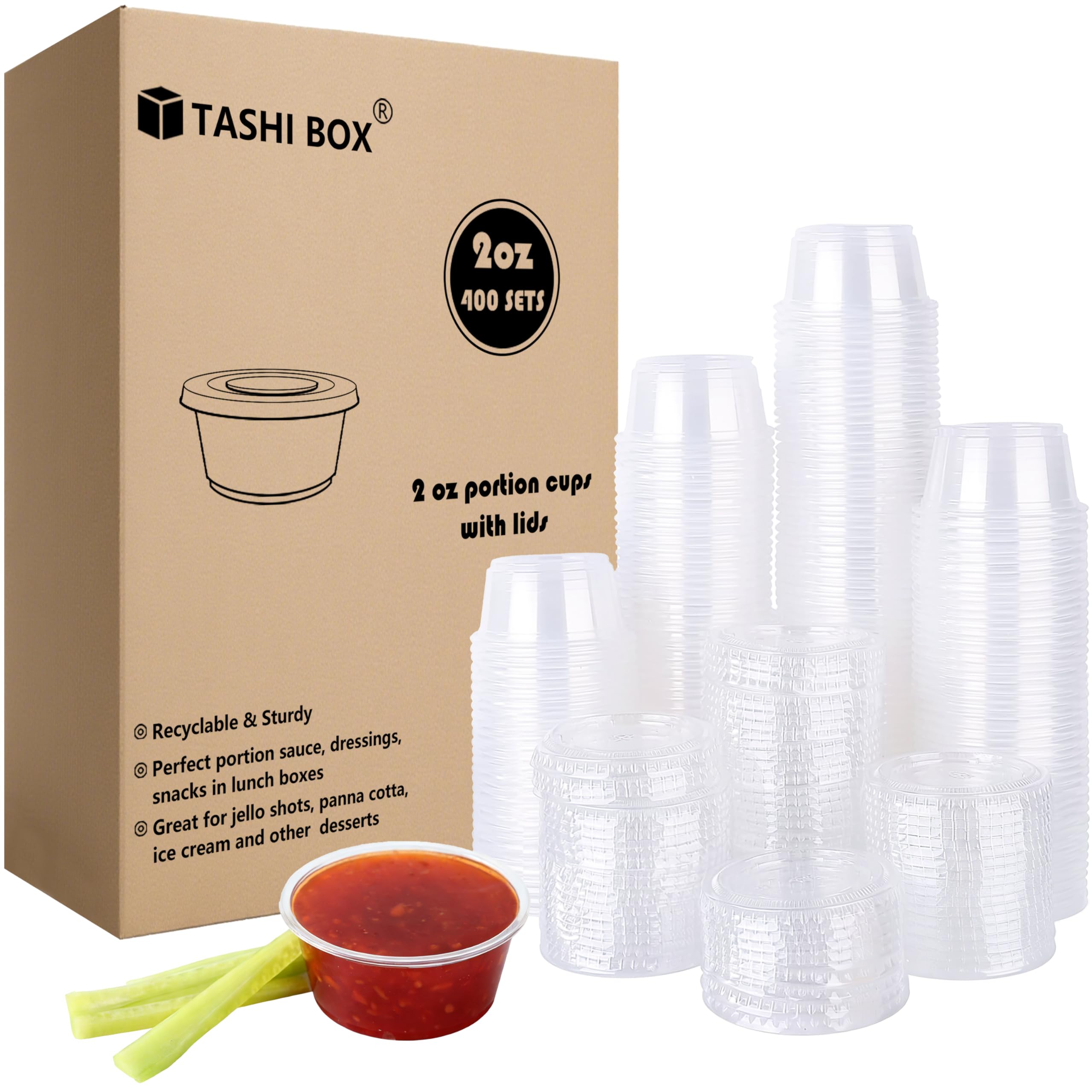 TashiBox 400 Sets - 2 oz Jello Shot Cups with Lids, Small Plastic Portion Cups with Lids, Disposable Condiment Containers for Sa