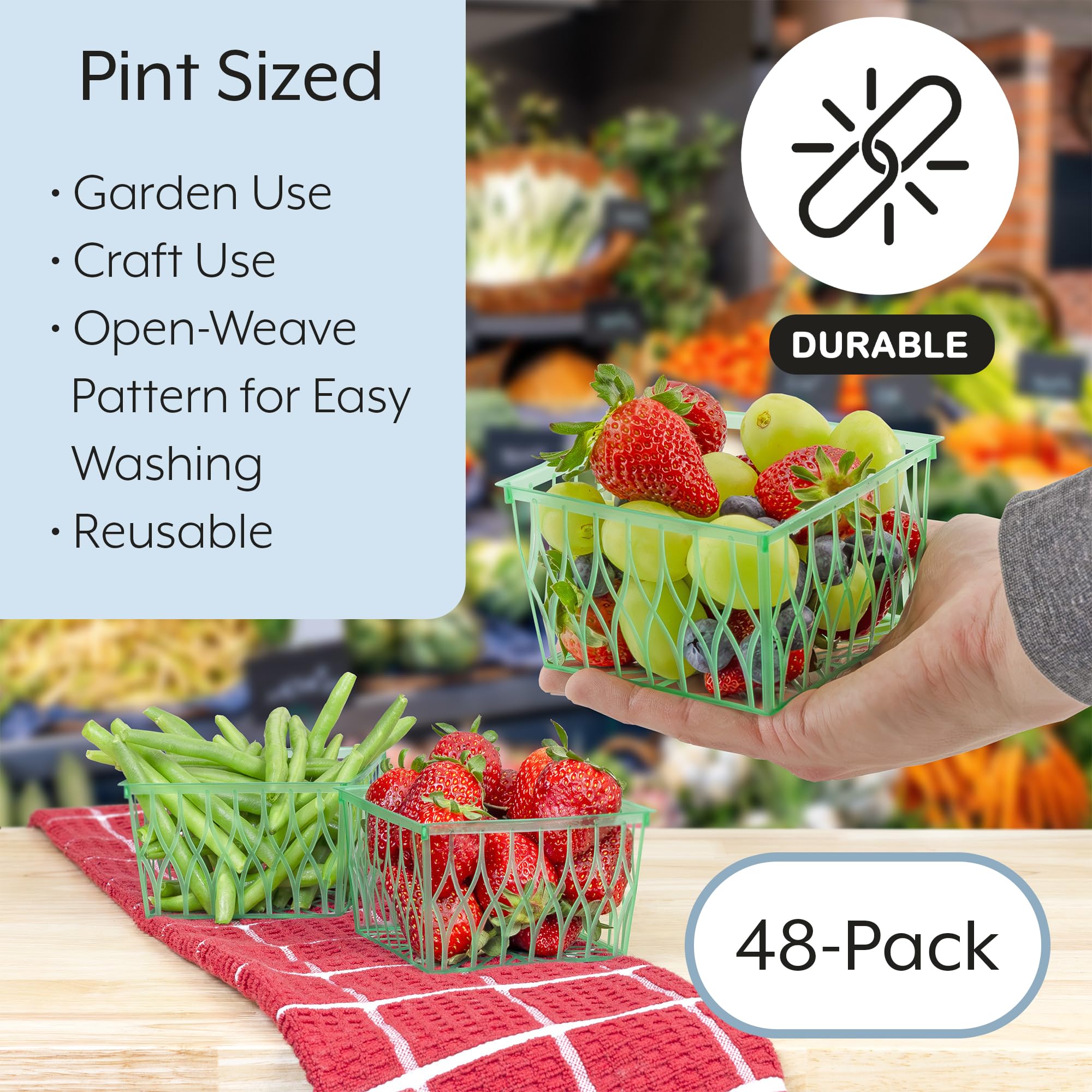 Cornucopia Pint Size Plastic Berry Baskets (48-Pack), 4-Inch Berry Boxes With Open-Weave Pattern, Ideal For Summer Picking & Cra