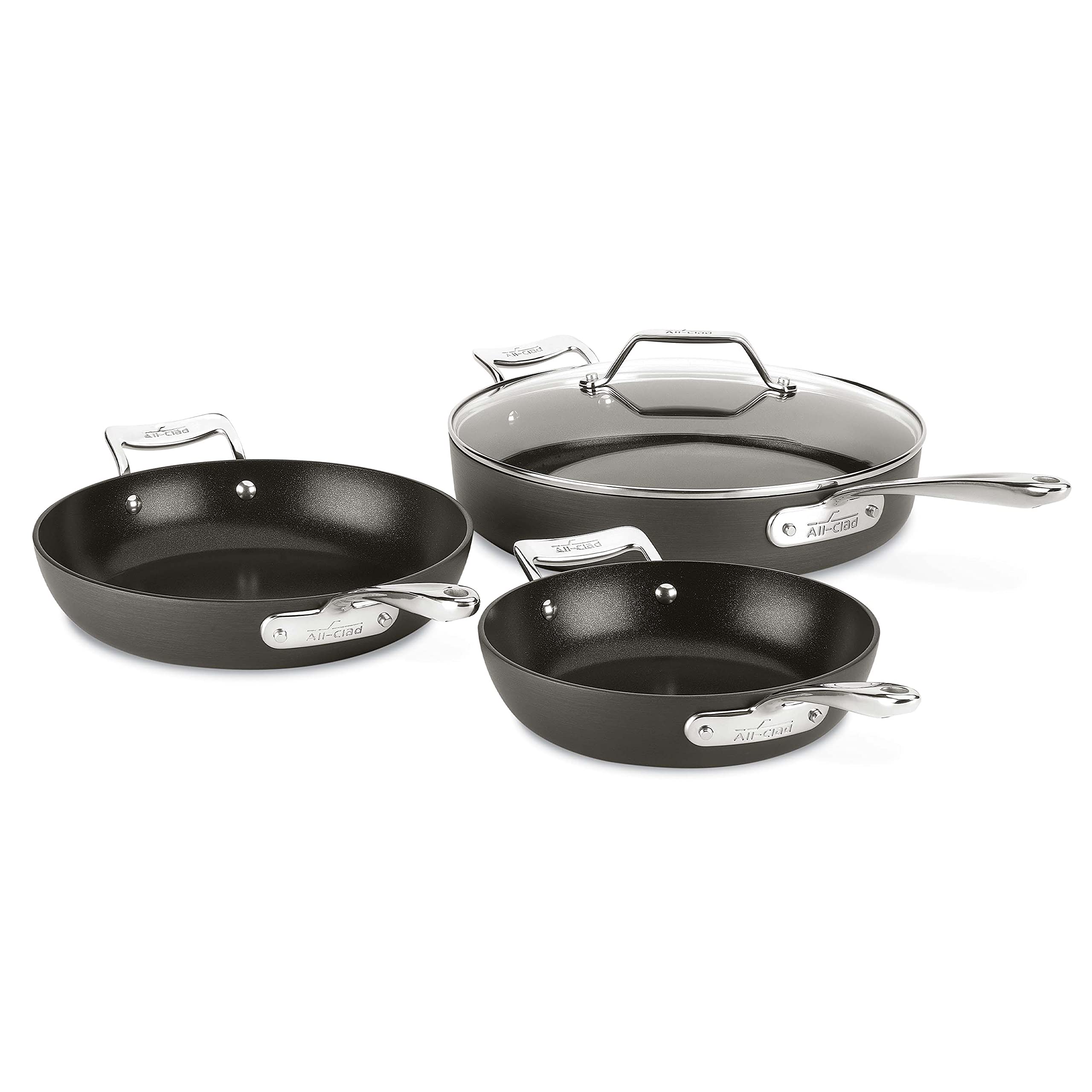 All-Clad Essentials Hard Anodized Nonstick Sauce Pan Set 4 Piece, 8, 10.25 Inch, 4 Quart Oven Broiler Safe 500F Pots and Pans, C