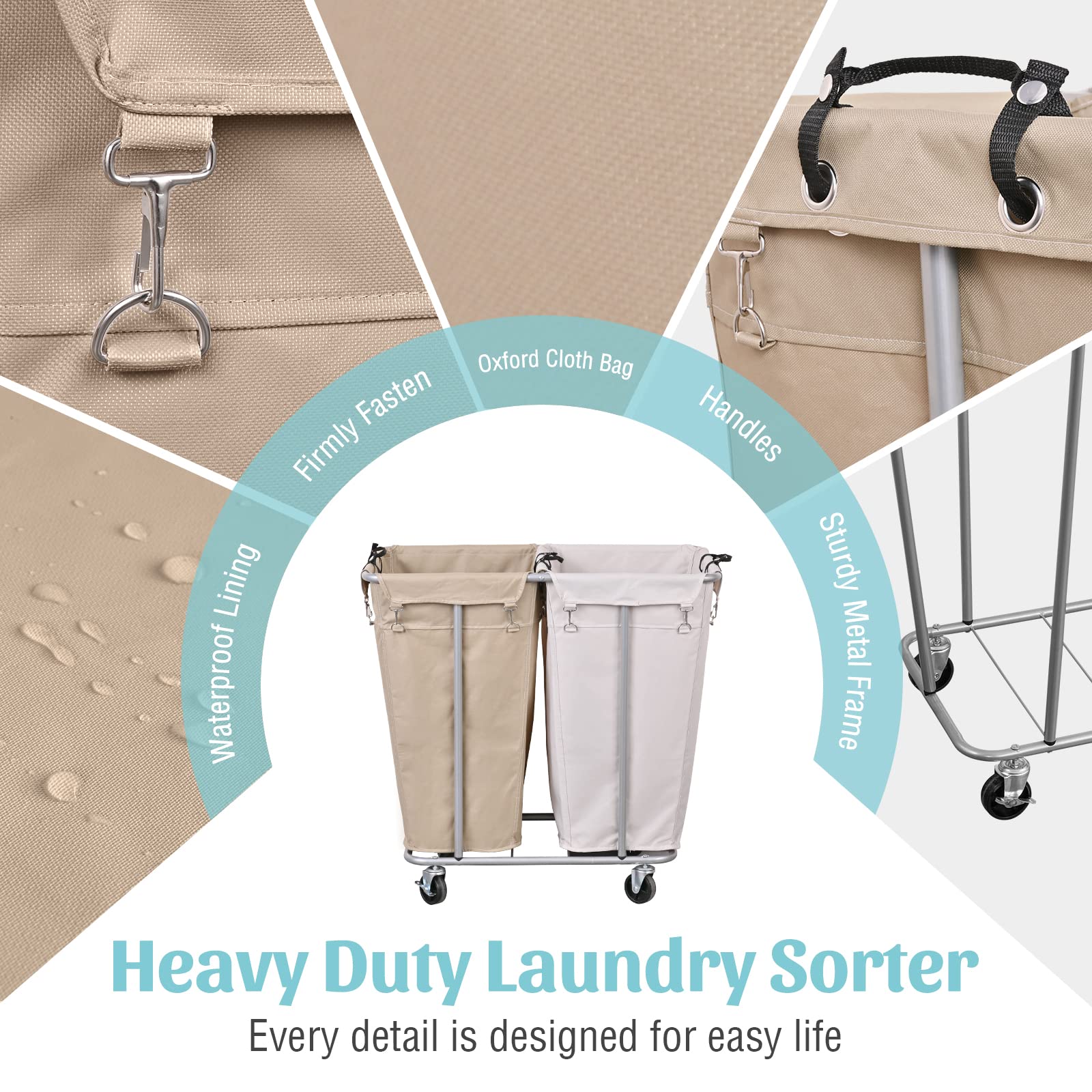 Plkow Laundry Cart With Wheels 280L Large Laundry Sorter 2 Section For Commercial/Home, Rolling Laundry Cart With Steel Frame An