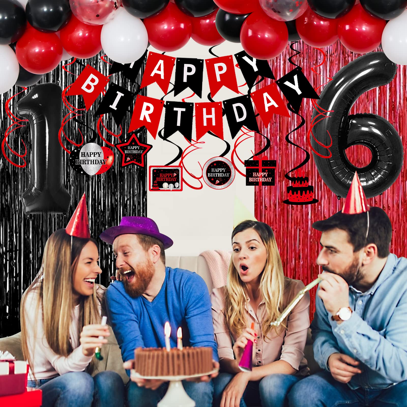 16Th Birthday Decorations For Boys Girls,Red And Black 16Th Birthday Balloons Banner Number 16 Balloon Hanging Swirls Tablecloth