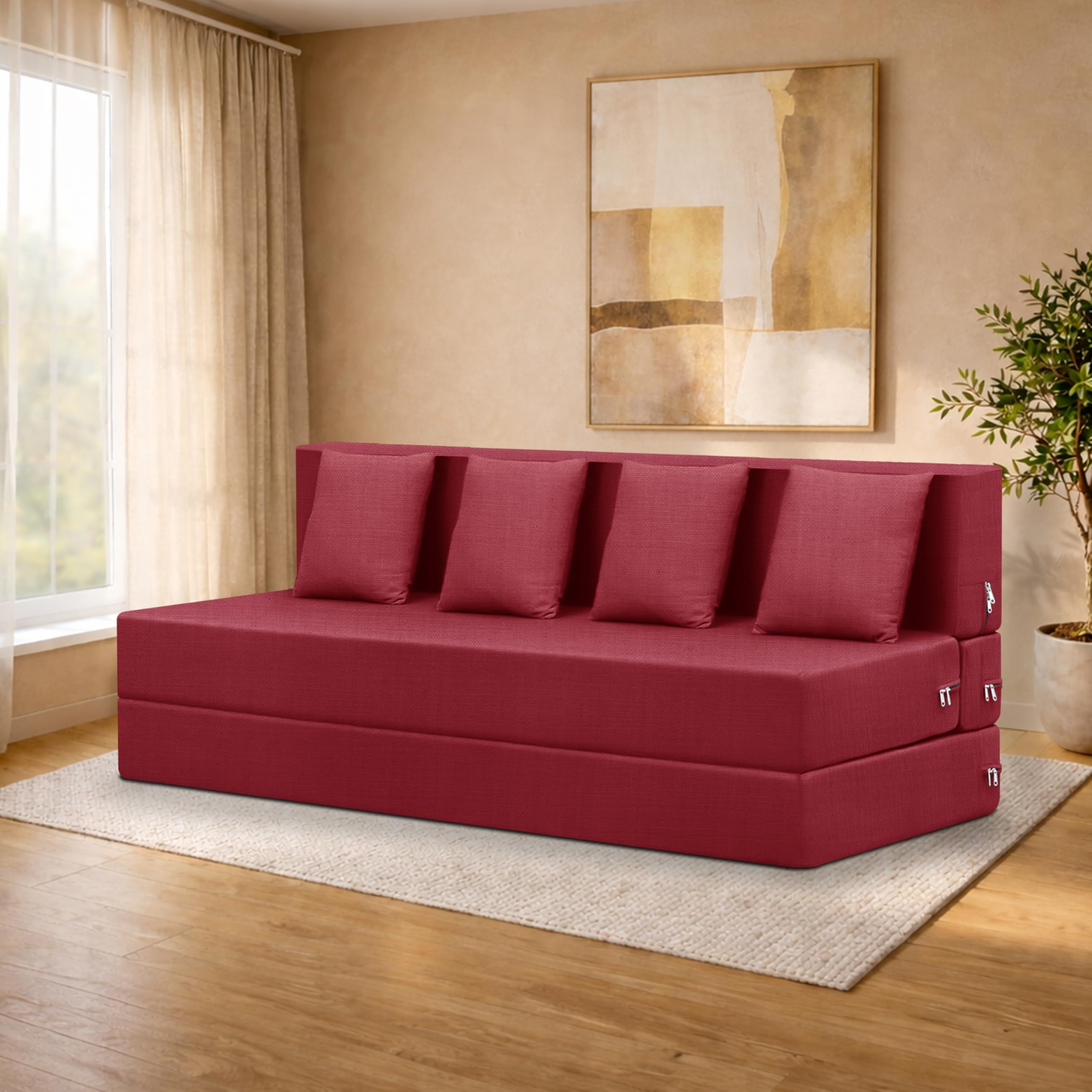 Deco Studio FourSeater Sofa Cum Bed Foldable Sofa Cum Bed Washable & Zipper |Jute Finish Fabric  Red | 6 X 6 Feet