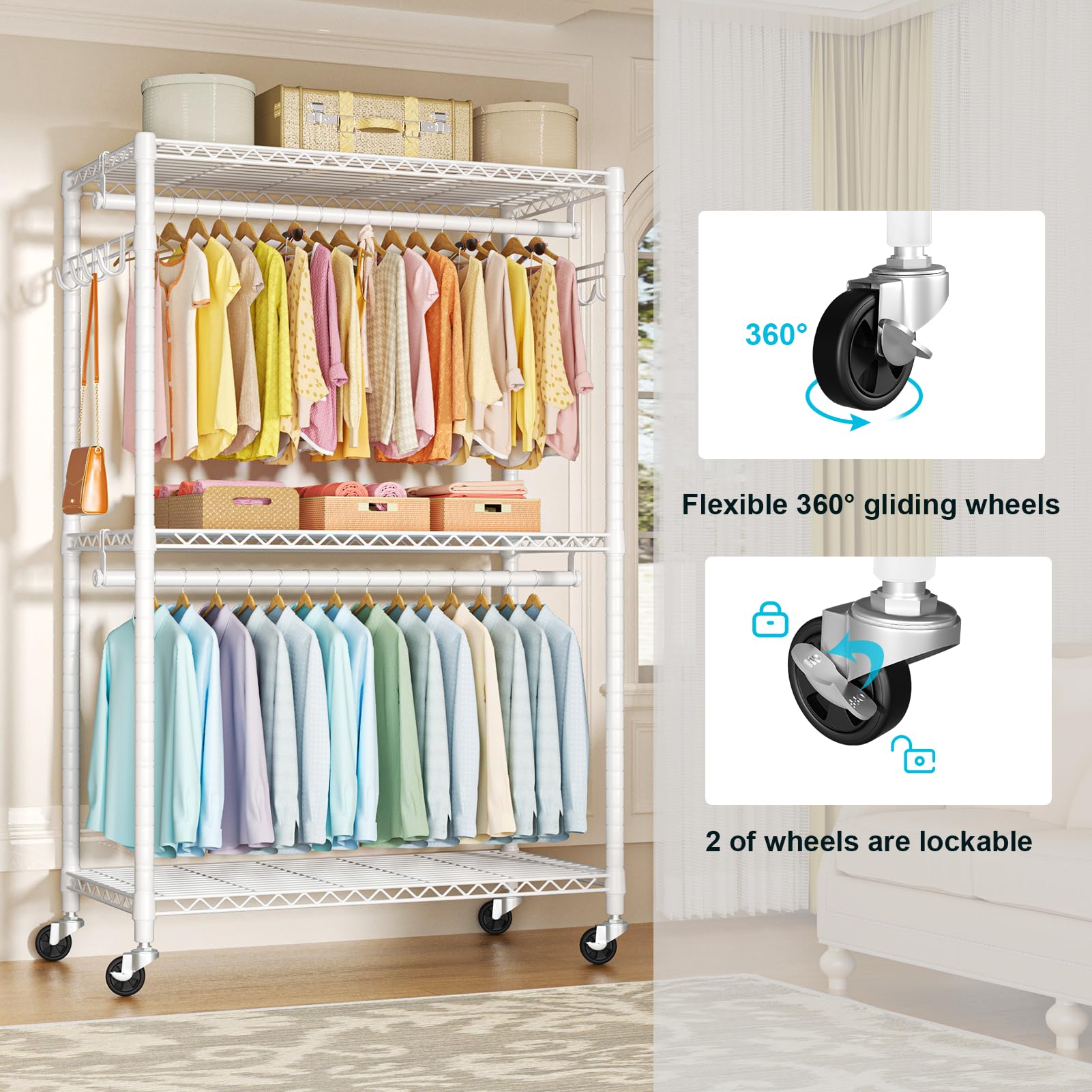 Futassi P1 Plus Rolling Clothes Rack, 22Mm Diameter Heavy Duty Garment Rack With Wheels, Portable Closet Wardrobe With Double Ro