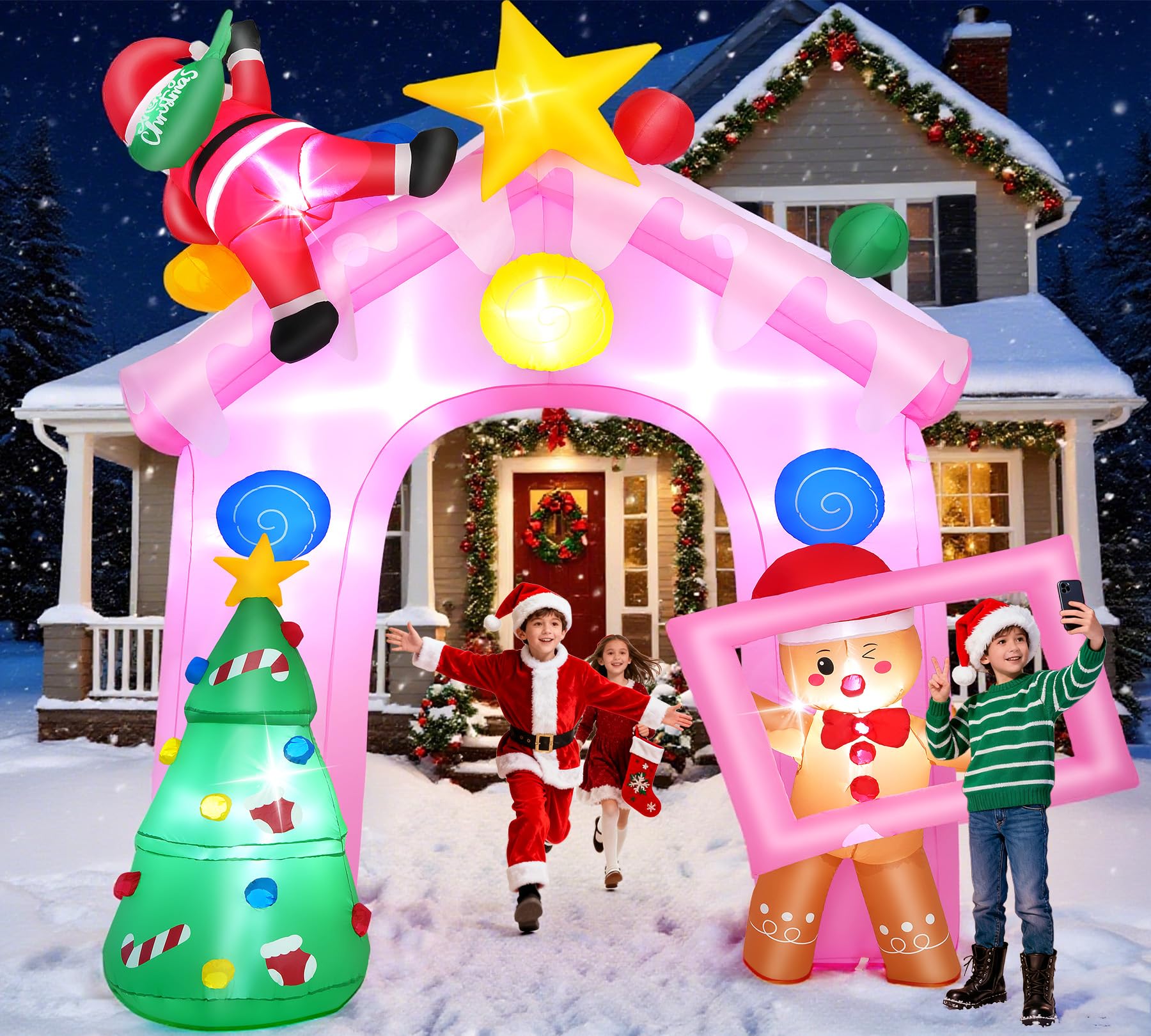 10 FT Pink Christmas Inflatable Archway with Build-in LED Lights, Candy House/Gingerbread Man/Christmas Tree/Santa/Star, Blow Up