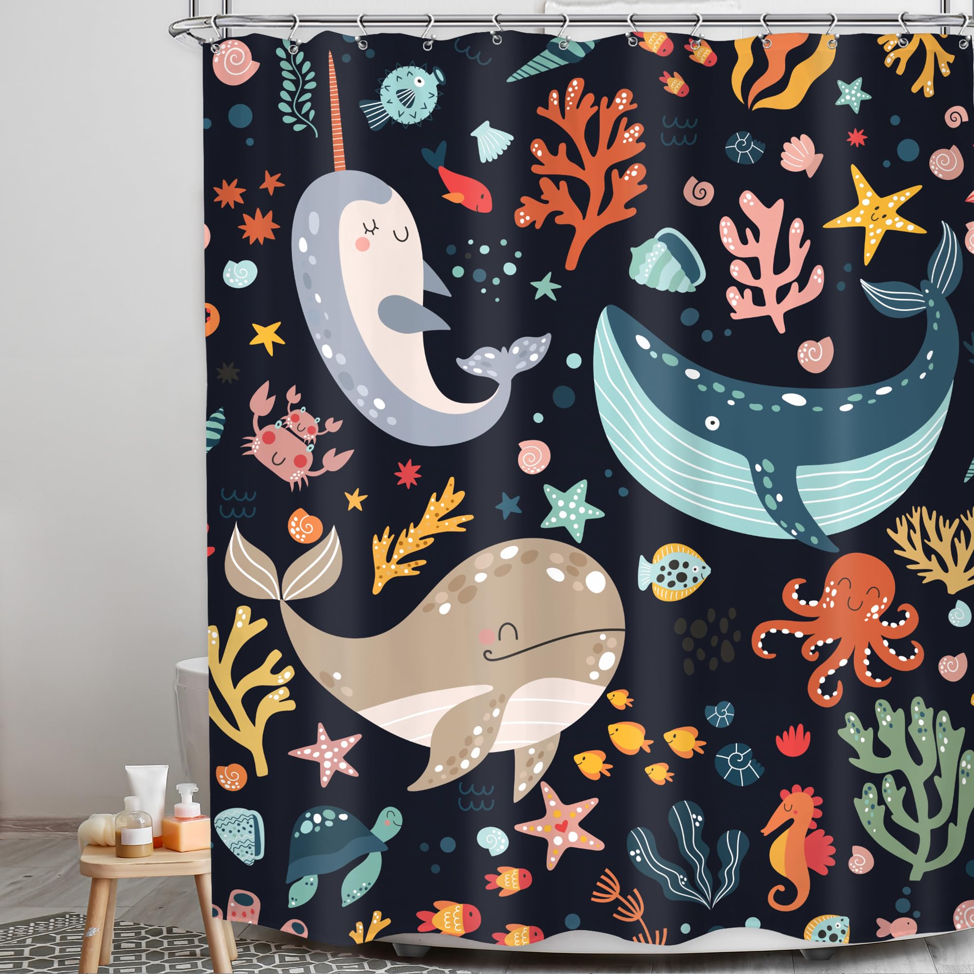 Lghtyro Kids Sea Animal Shower Curtain Bathroom Set 60Wx71H Inches Funny Whale Cute Cartoon Fish Ocean Sealife Coral Starfish Ba