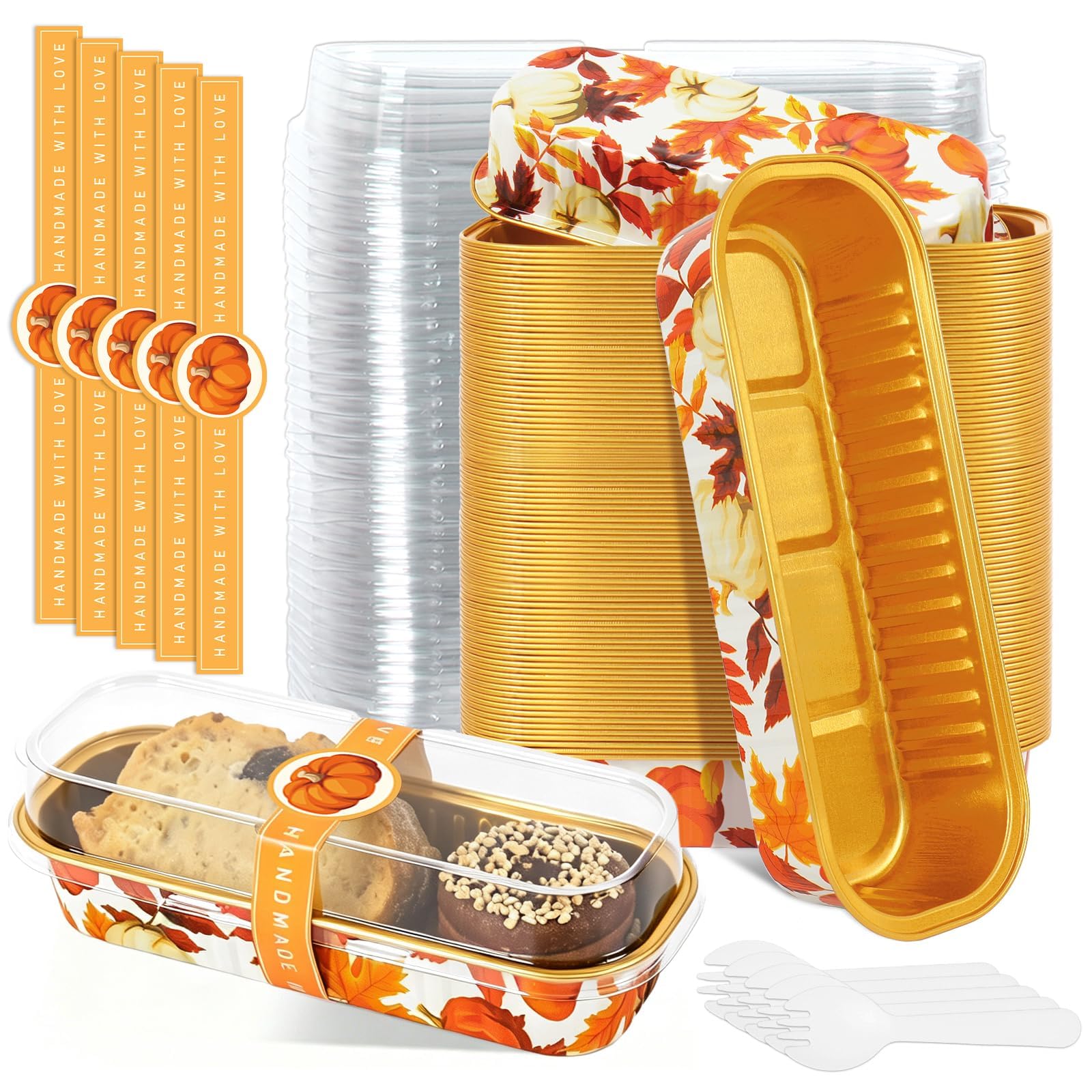 FYSUIMU 100 Pcs Fall Mini Loaf Pans with Lids and Forks Mini Cake Pans Pumpkin Maple Leaves Rectangular Aluminum Foil Baking Pan