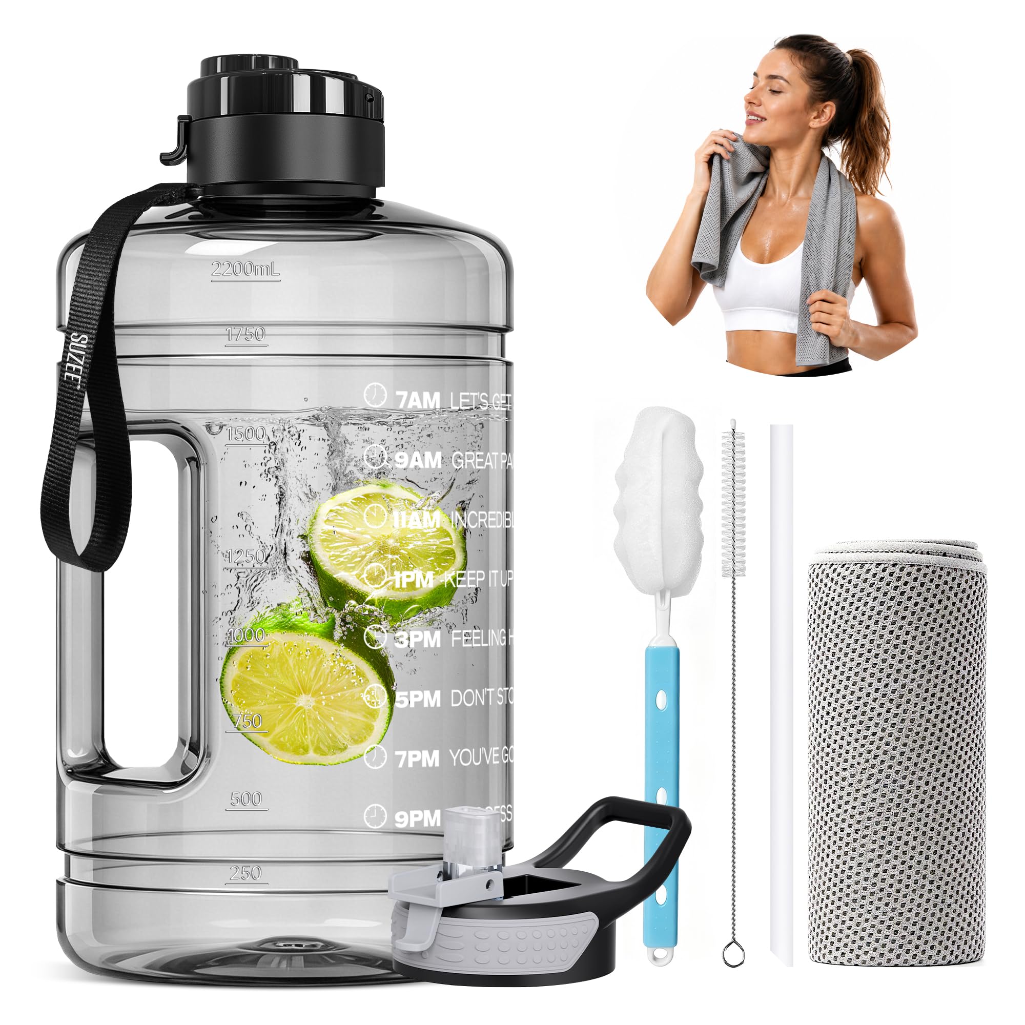 Gallon Water Bottle,74oz Water Jug with Time Marker & Straw & Handle,2 Lids