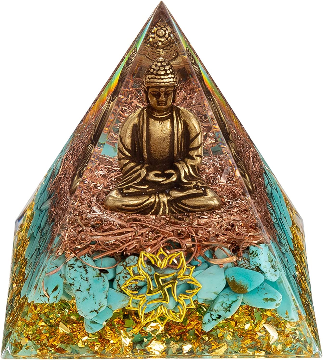 FENGSHUI-CAISHEN Little Buddha Statue in Healing Crystal Organite Pyramid - Aquamarine with Baby Buddha Figurine, Reiki Chakra M