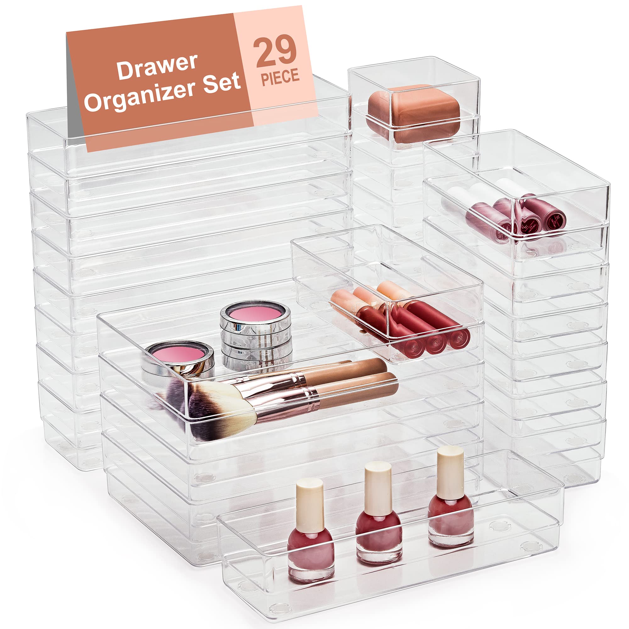 SMARTAKE 29-Piece Drawer Organizer with Non-Slip Silicone Pads, 4-Size Desk Drawer Organizer Trays Storage Tray for Makeup, Jewe