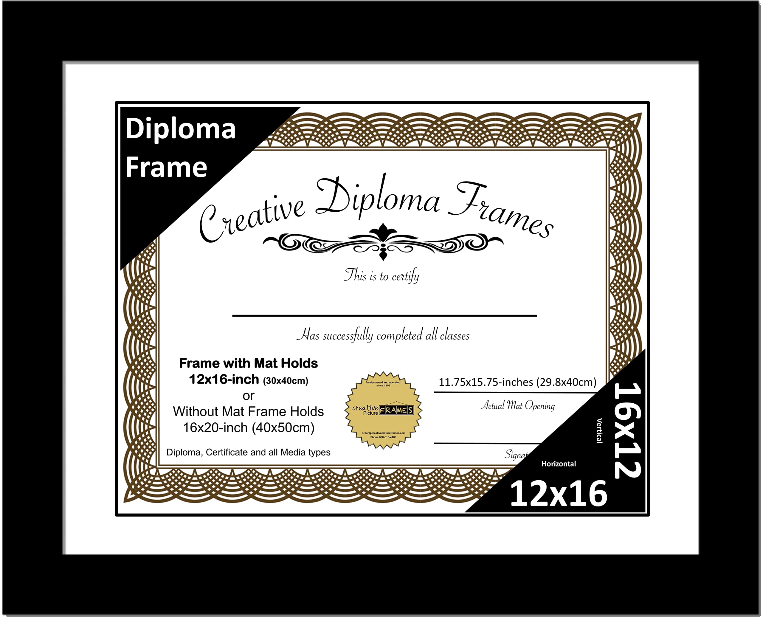 Creative Picture Frames 12x16 Black Diploma Frame with White Mat Glass Easel and Installed Wall Hangers | Frame Holds 16x20 Medi