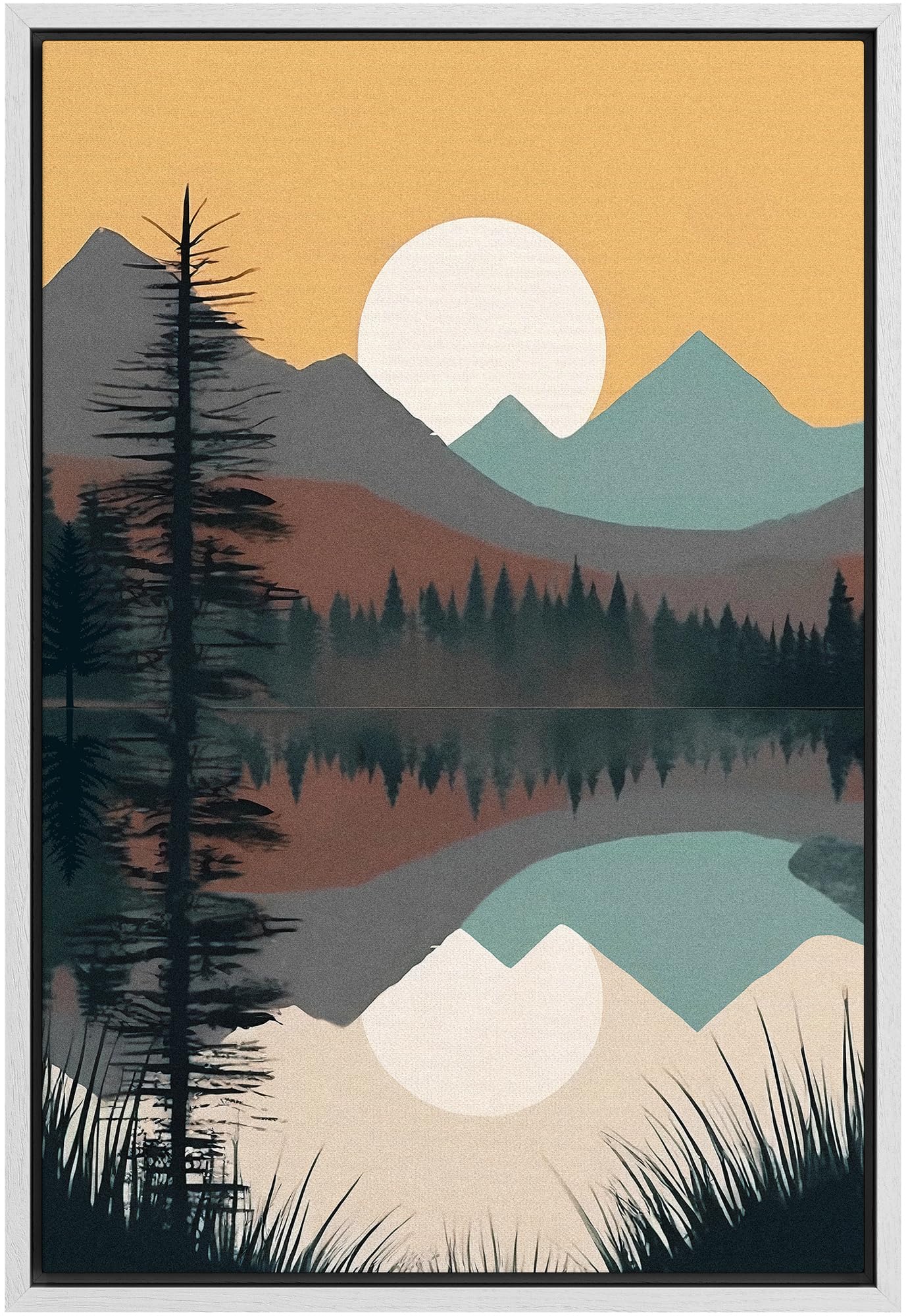 Signford Framed Canvas Print Wall Art Sunset Over Mountain Range Pine Tree Forest Nature Wilderness Illustrations Decorative Boh