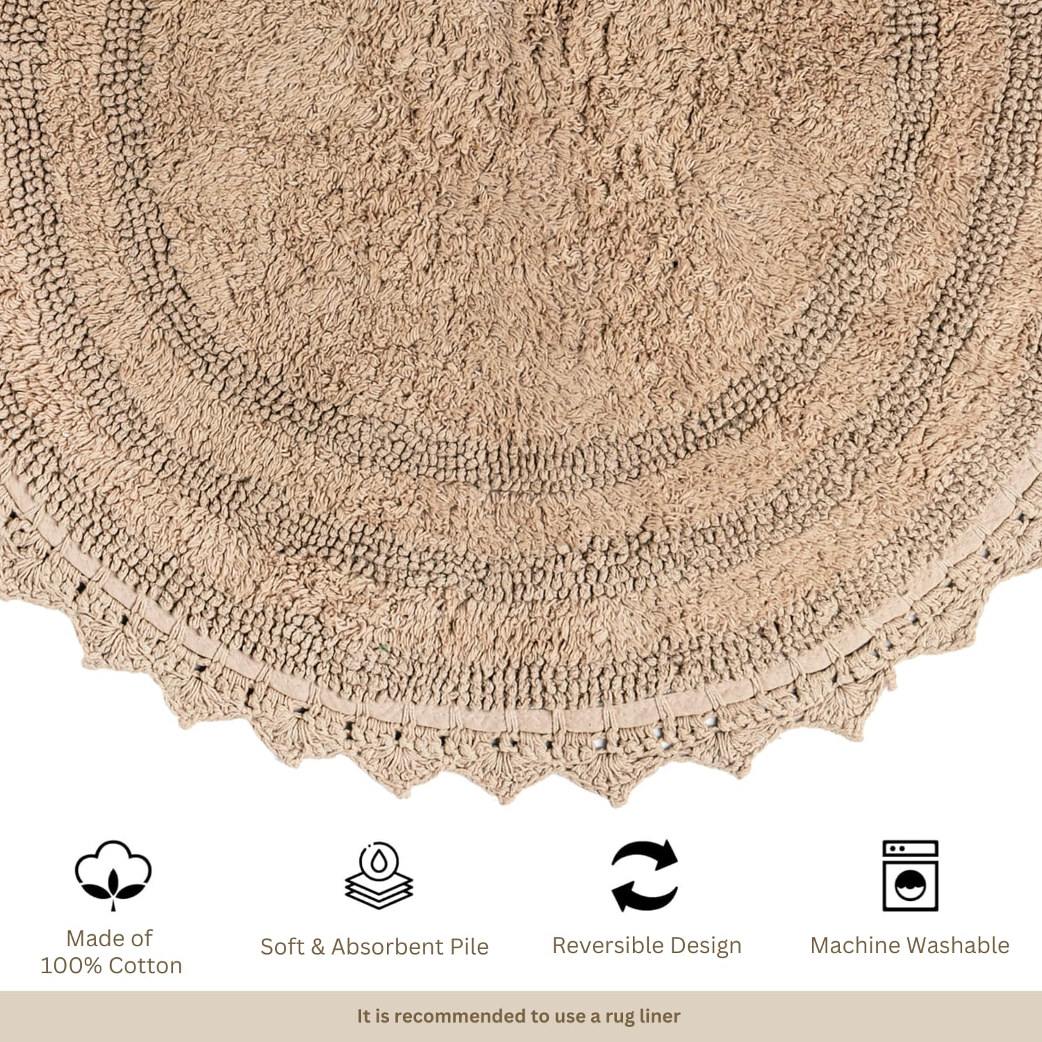 RAJRANG BRINGING RAJASTHAN TO YOU Circle Bathroom Mat for Kitchen and Spa with Crochet Pattern Cotton Absorbent Soft Reversible Woven Bath Rug Sand Round 24 Inches