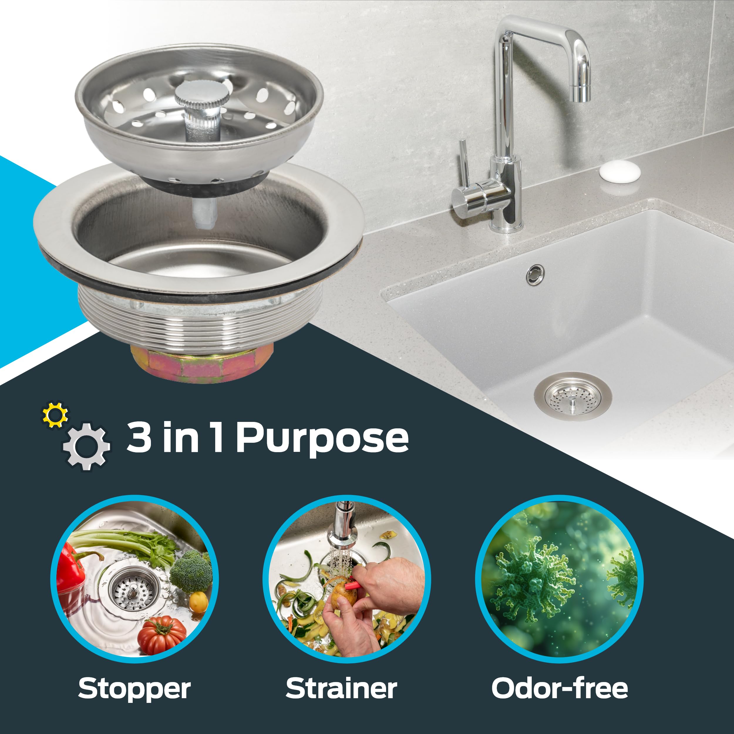 Ez-Flo Kitchen Sink Strainer Fits 3-1/2 Inch Opening, Sink Drain Assembly With Die-Cast Slip-Joint Nut And Fixed-Post Basket, St