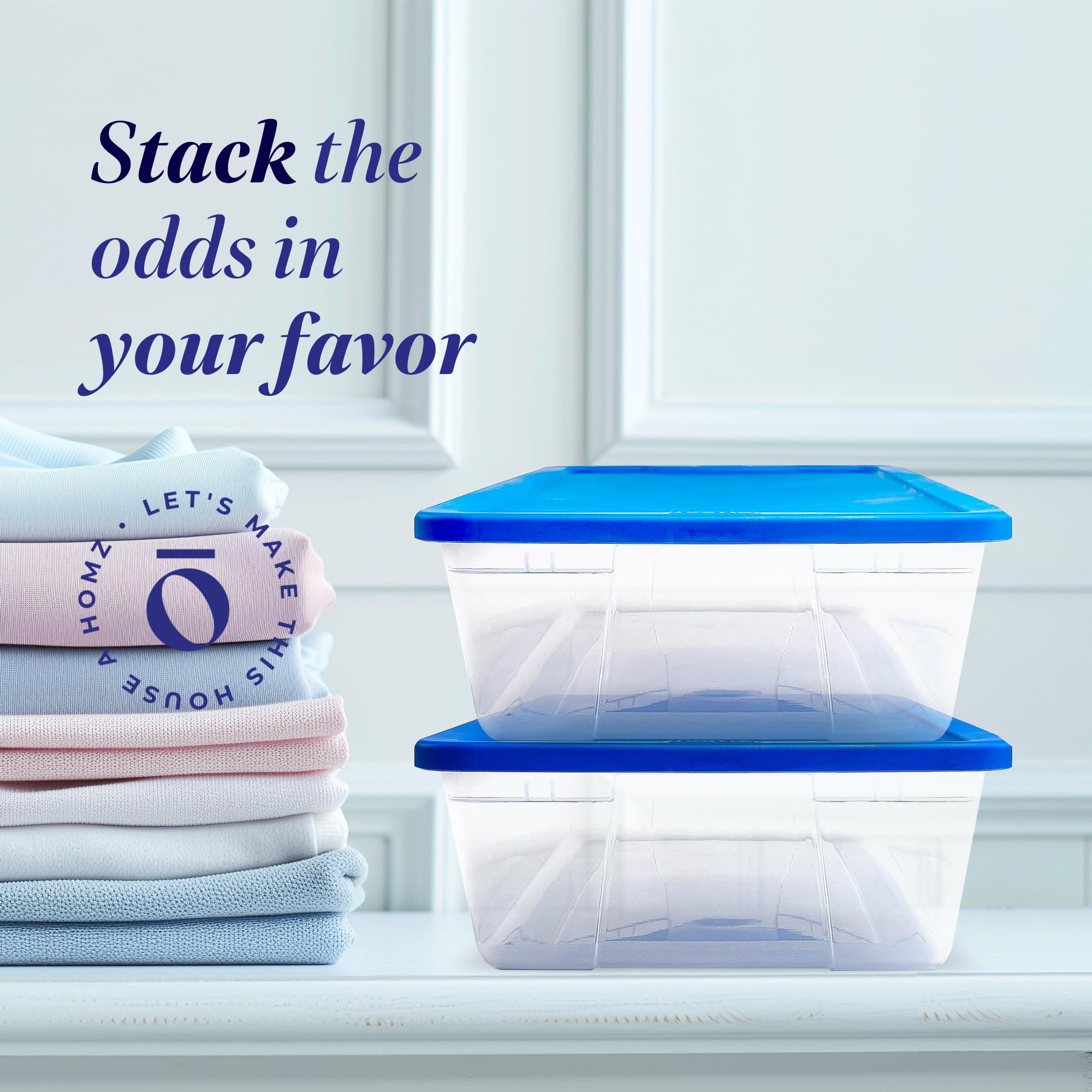 Homz 2 Pack Storage Bins, Clear Plastic Organizing Containers W/Blue Lids, 41 Quart