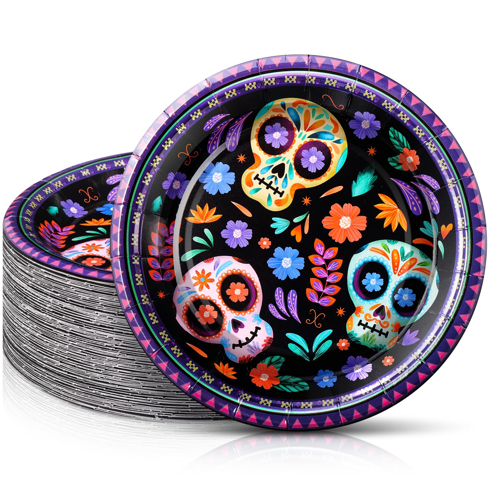 FillTouch 100 Pcs Dia De Los Muertos Paper Sugar Skull Plates 7 Inch Disposable Cake Dessert Dinner Plates for Halloween Day of 