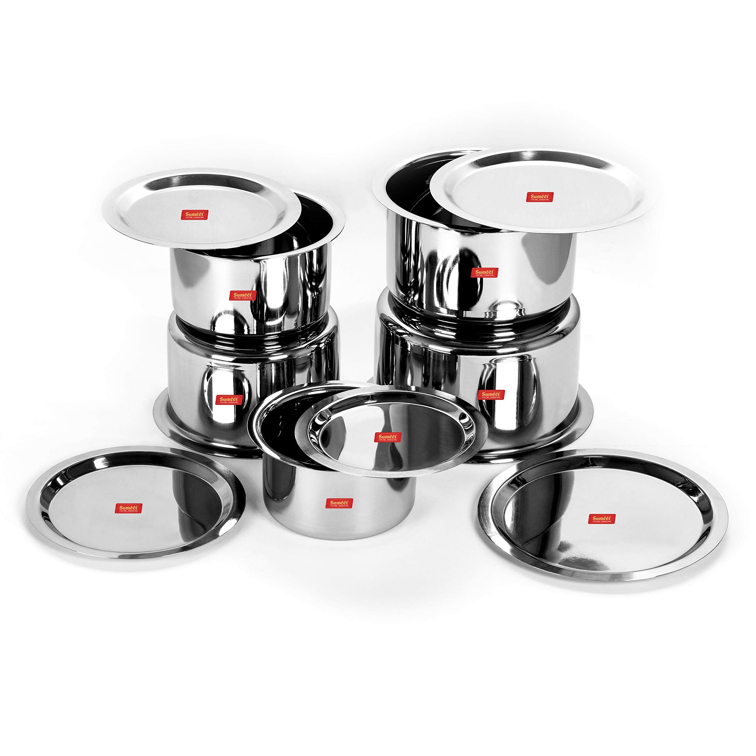 Sumeet Stainless Steel Tope Set with Lid; 1 L; 1.4 L; 1.8 L; 2.3 L; 3 L; Set of 10 pcs  Silver