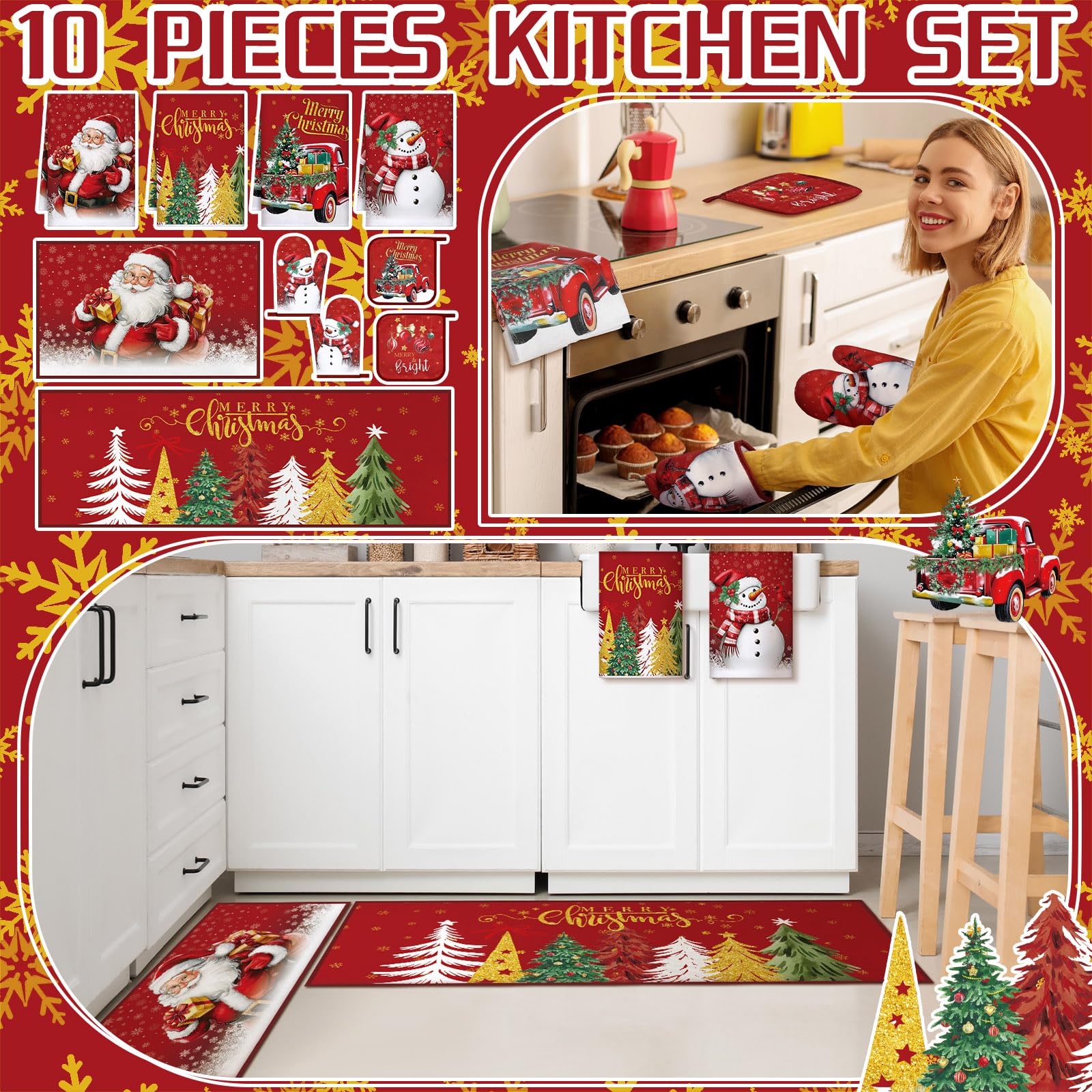 Fourluoo 10 Pcs Christmas Kitchen Decor Set Christmas Oven Mitts and Pot Holders Set Xmas Kitchen Dish Towels Santa Rugs and Mat