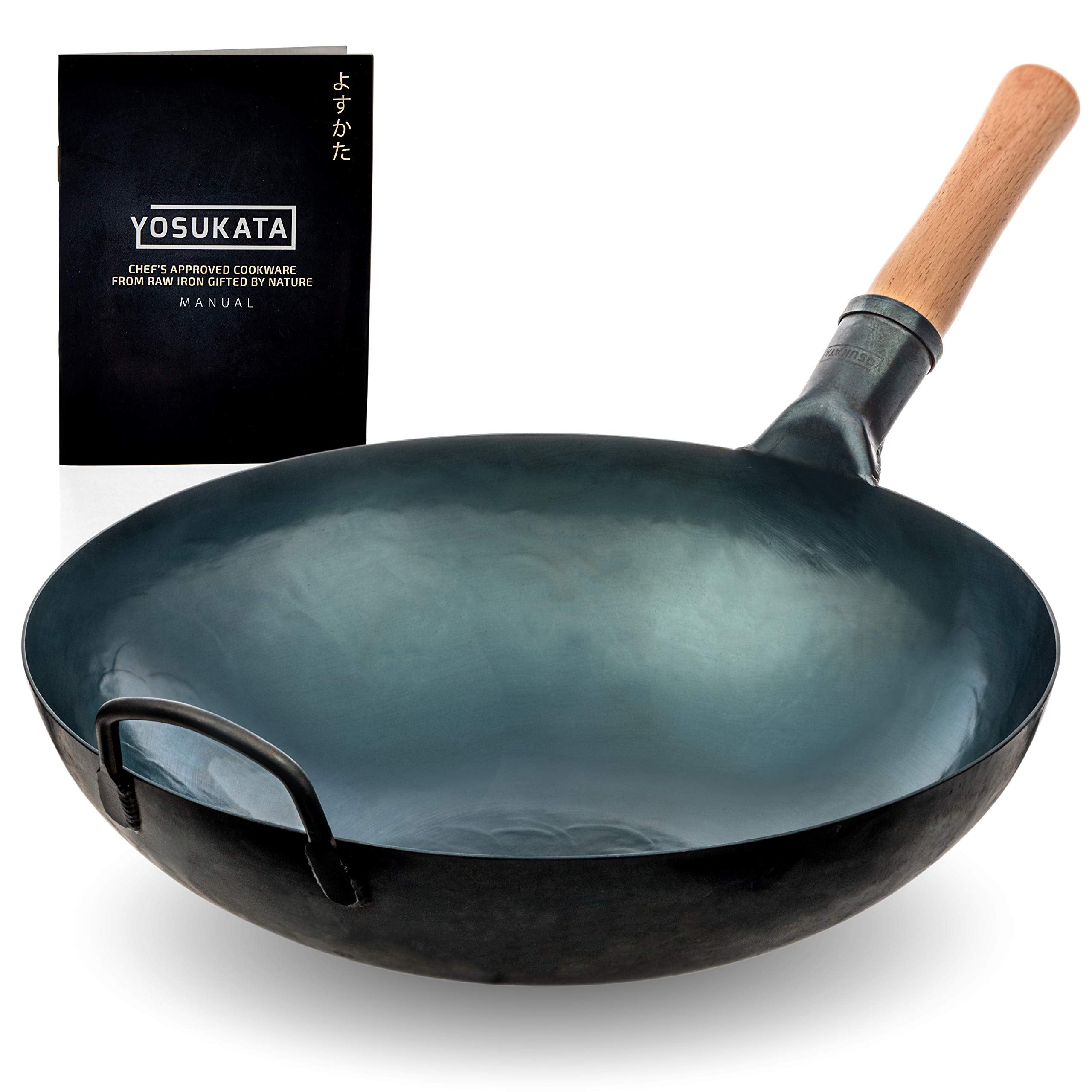 Yosukata Blue Round Bottom Wok Pan - 14'' Woks And Stir Fry Pans - Chinese Hammered Pow Carbon Steelvtraditional Chinese Japanes