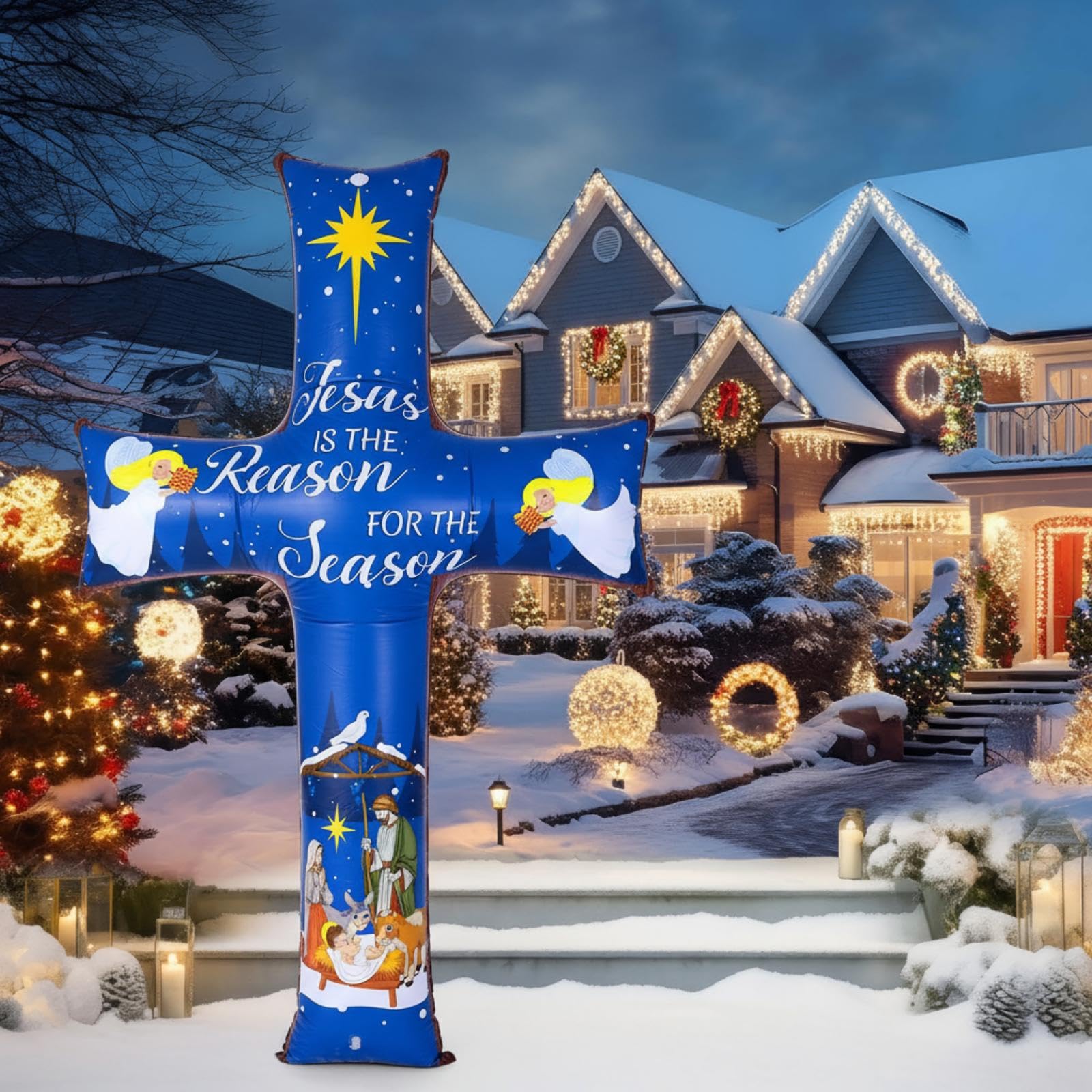 Blueweenly 6FT Christmas Inflatable Nativity Scene Decoration Cross Blow up Outdoor Decor Jesus is The Reason for The Season Chr