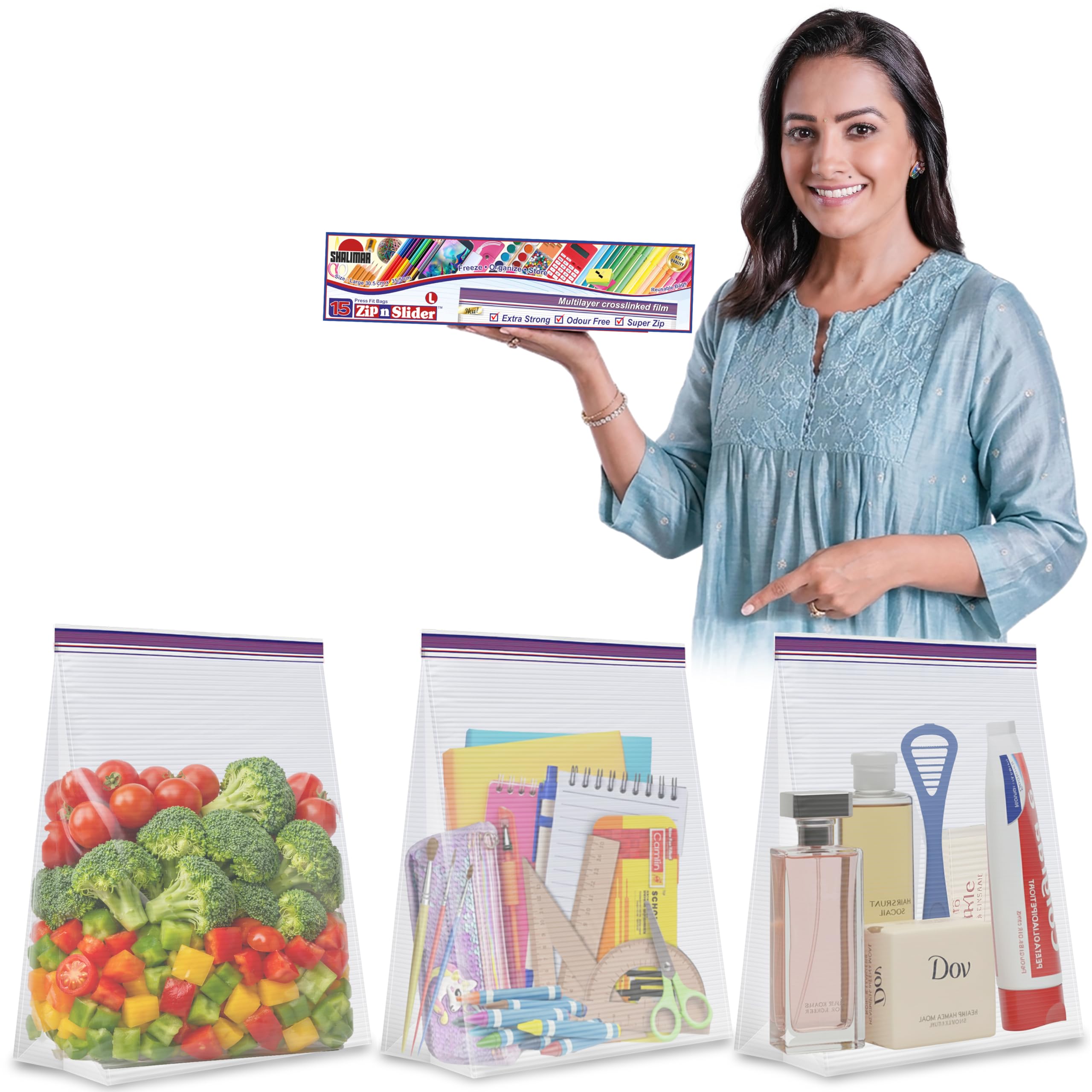 Shalimar Zip N Slider (Press Fit) Bags | Large (30.5 Cm X 35.5 Cm) | Pack Of 45 Bags |Ziplock/Vegetable/Fruit/Fridge/MultiPur