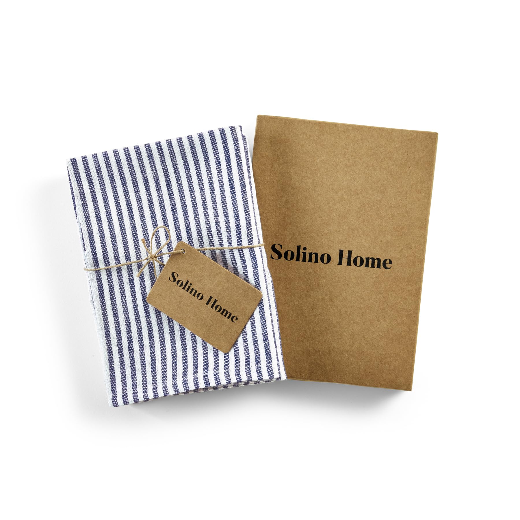 Solino Home Linen Kitchen Towels Set Of 2 - Navy And White 17 X 26 Inch - 100% Pure Linen Narrow Stripe Kitchen/Tea Towels - Mac