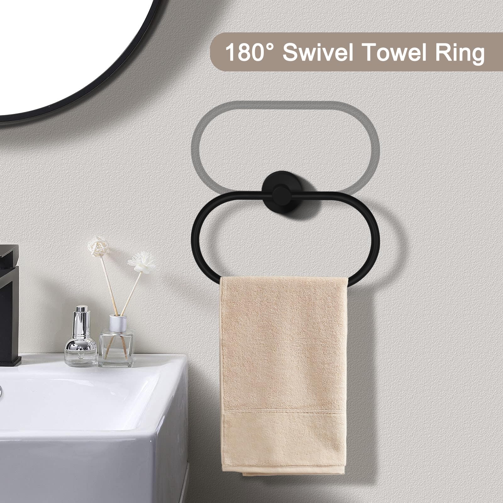 7 Pcs Bathroom Hardware Set, Matte Black Stainless Steel Bathroom Tower Rack Set Wall Mounted Includes 16'' Towel Bar, Toilet To