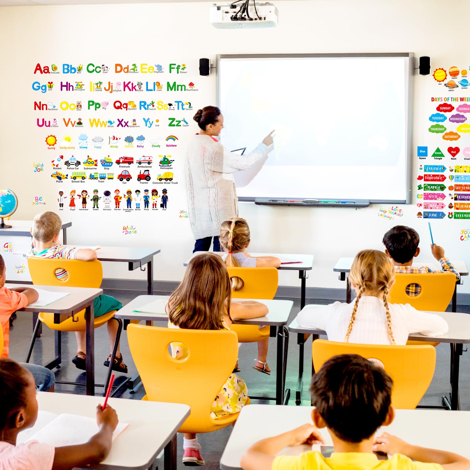 Alphabet Numbers Wall Decals 12 Sheets Color Weather Learning Educational Wall Stickers Peel And Stick Solar System Shape Wall D