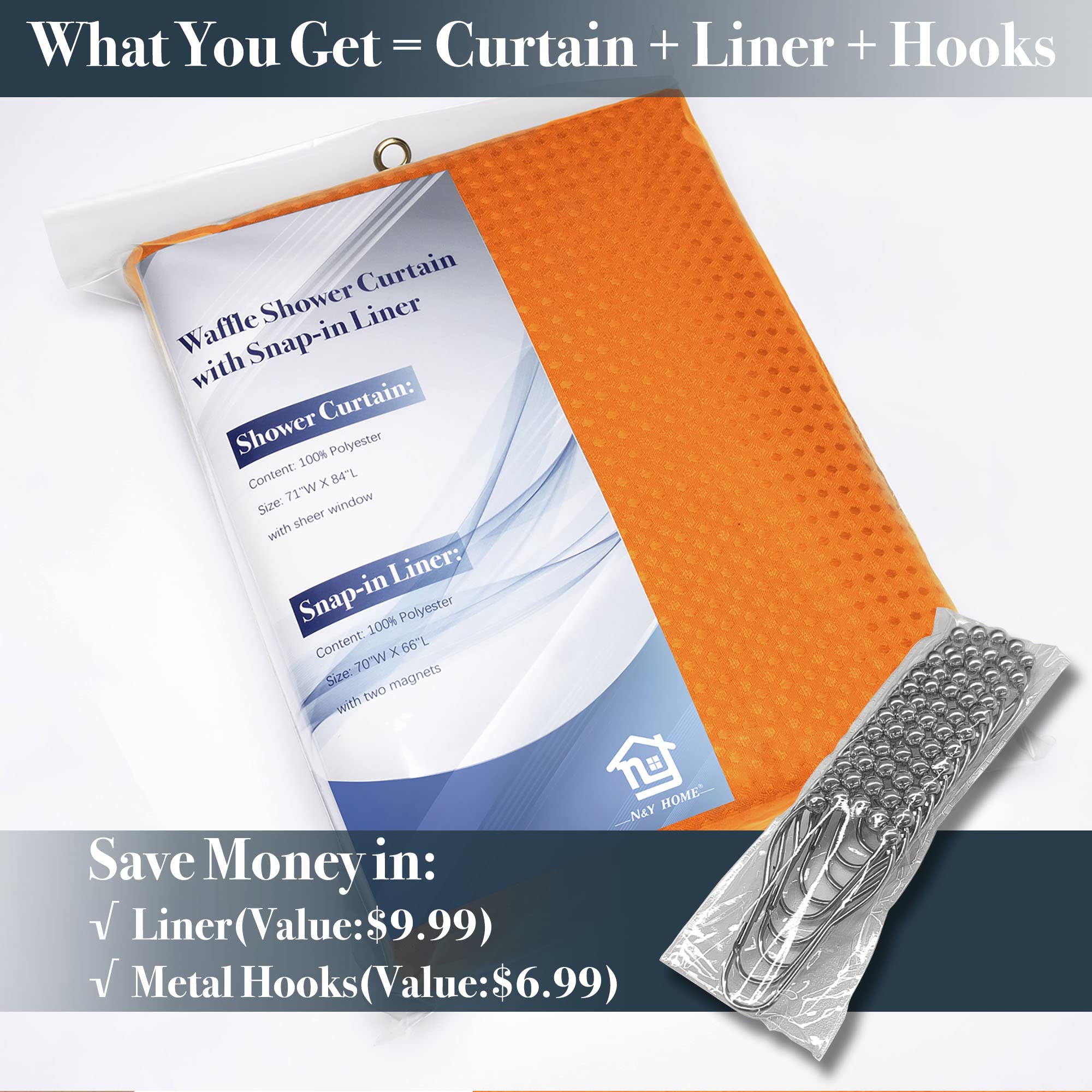 N&Y HOME Waffle Weave Shower Curtain with Snap-in Fabric Liner & 12 Metal Hooks Set - Hotel Style  Waterproof & Washable  Heavyweight Fabric & Mesh Top Window - 71x72  Orange