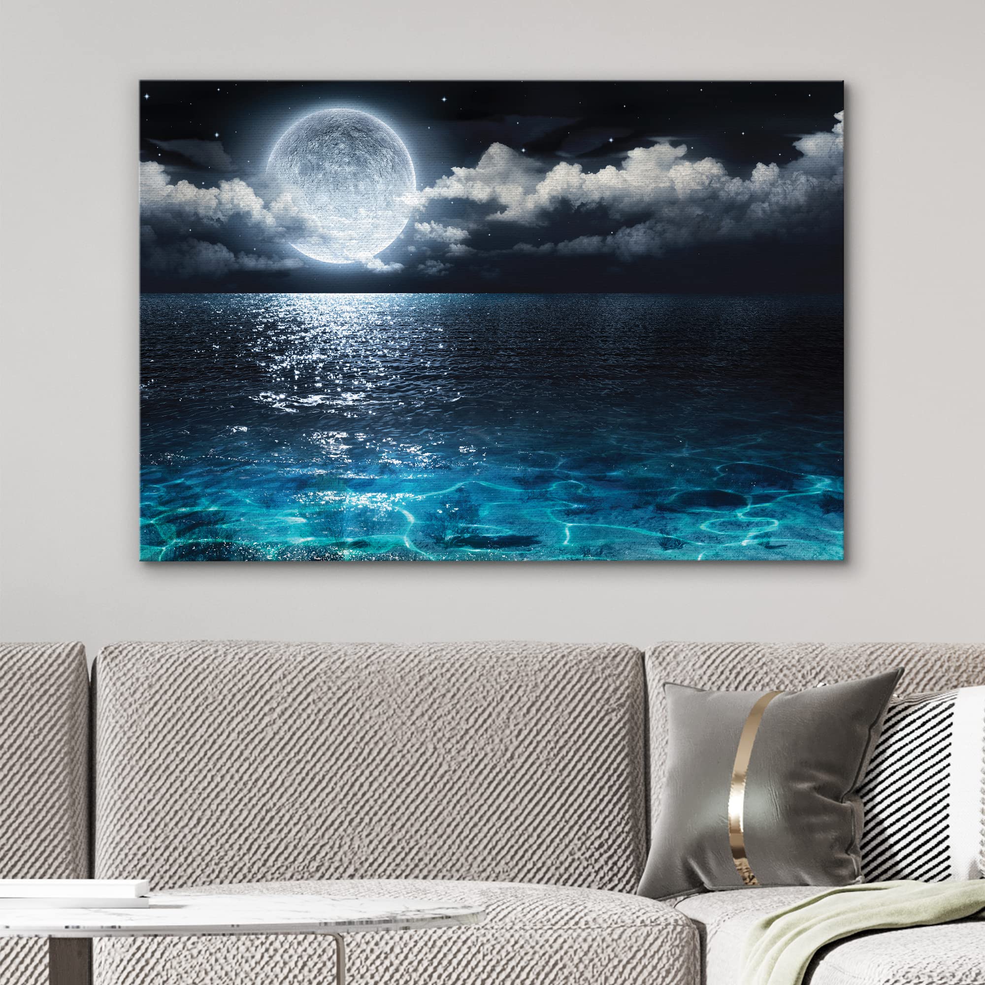 B2T Nwt Canvas Print Wall Art Full Moon In Clouds Over Dark Teal Sea Nature Wilderness Photography Modern Art Rustic Scenic Colo