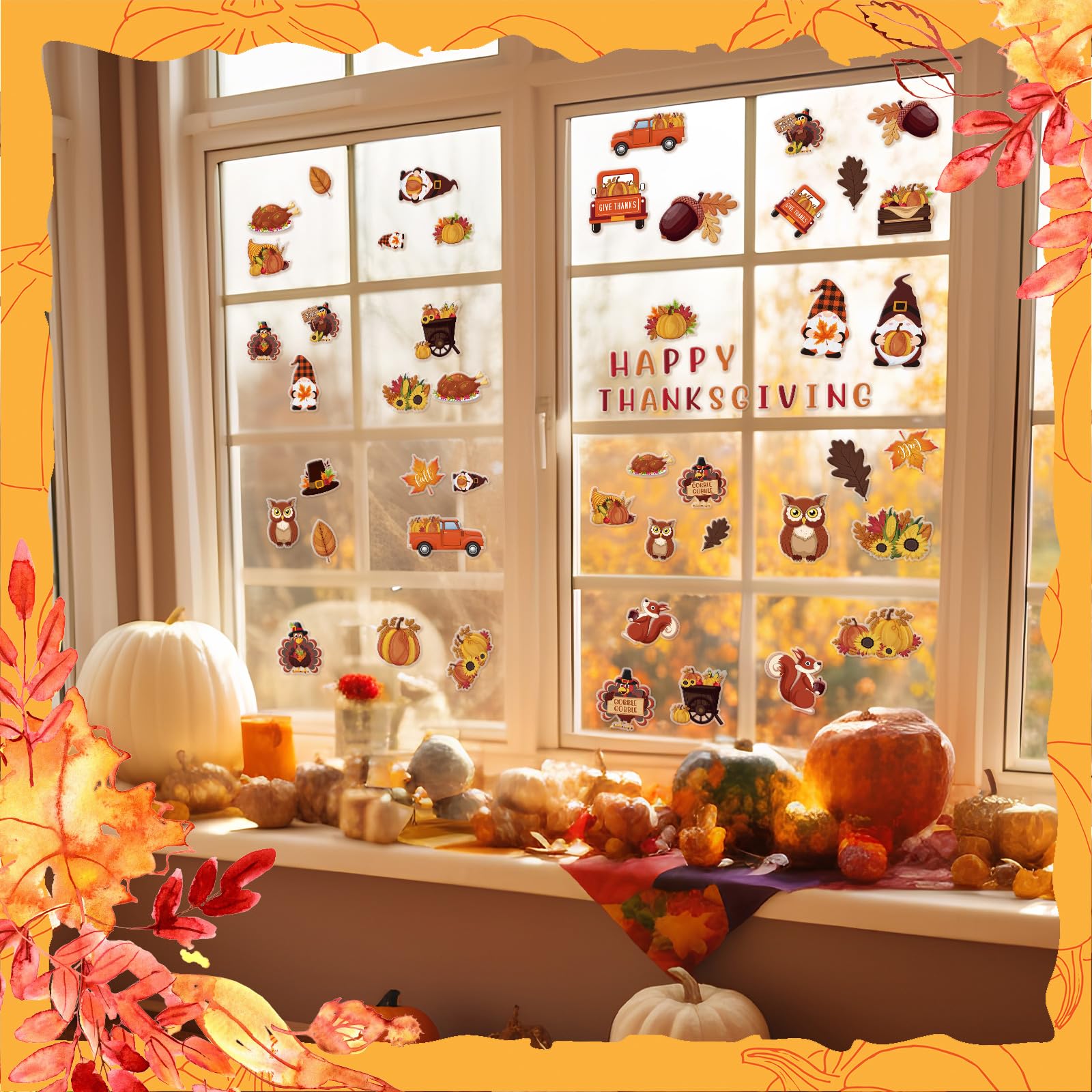 Motipuns 48 Pcs Thanksgiving Window Gel Clings Happy Thanksgiving Thick Gel Clings Removable Reusable Fall Turkey Pumpkin Window