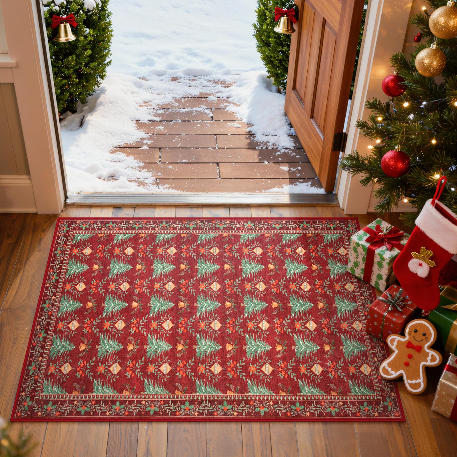 Yuemasi Christmas Entryway Rug 2x3, Red Washable Christmas Door Mat Indoor Kitchen Rug, Xmas Tree Pattern Print Throw Rugs, Cozy