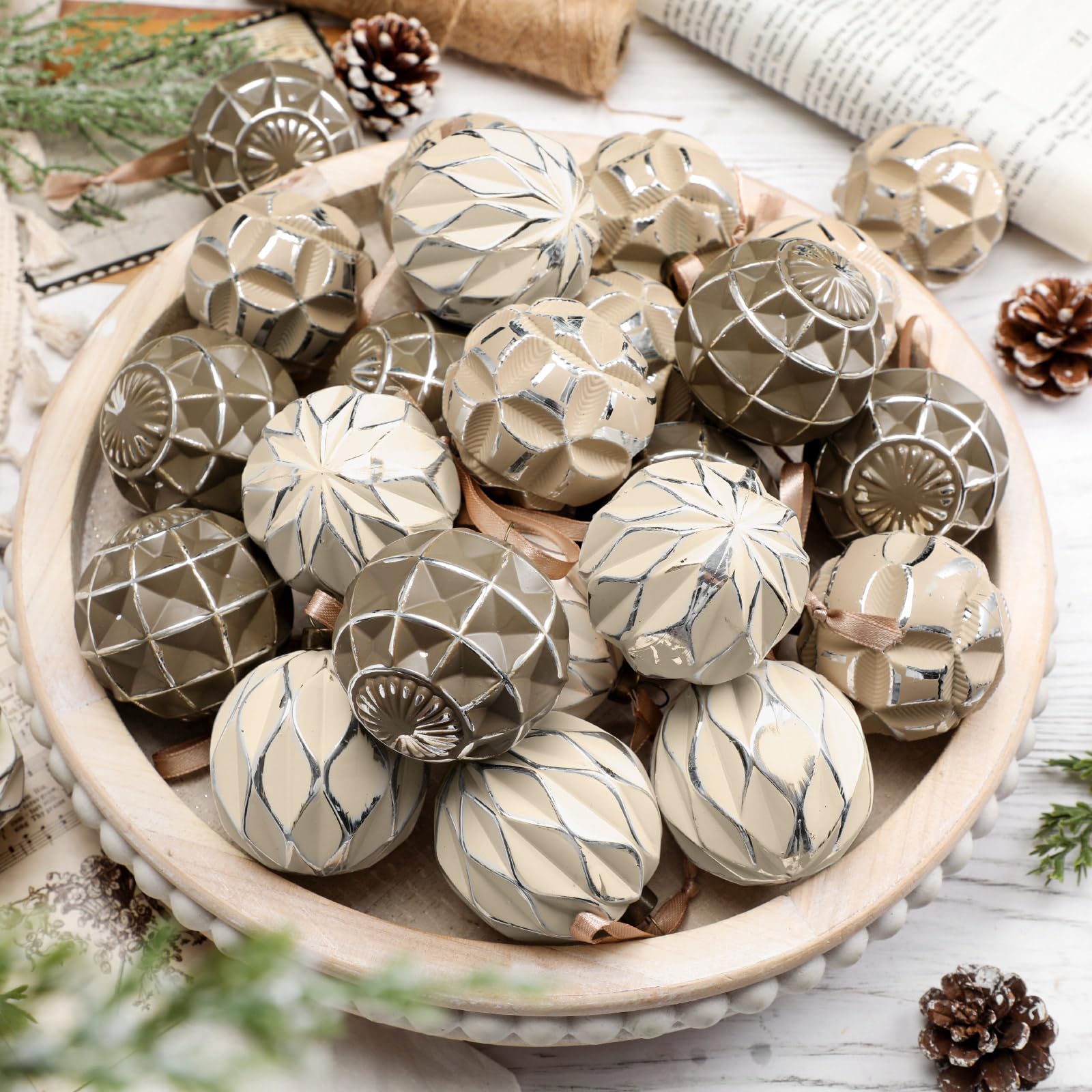 Syhood 24 Pcs Neutral Textured Christmas Ball Ornaments 2.4 Inch Vintage Boho Cream Beige Brown Xmas Bulbs Rustic Distressed Xma