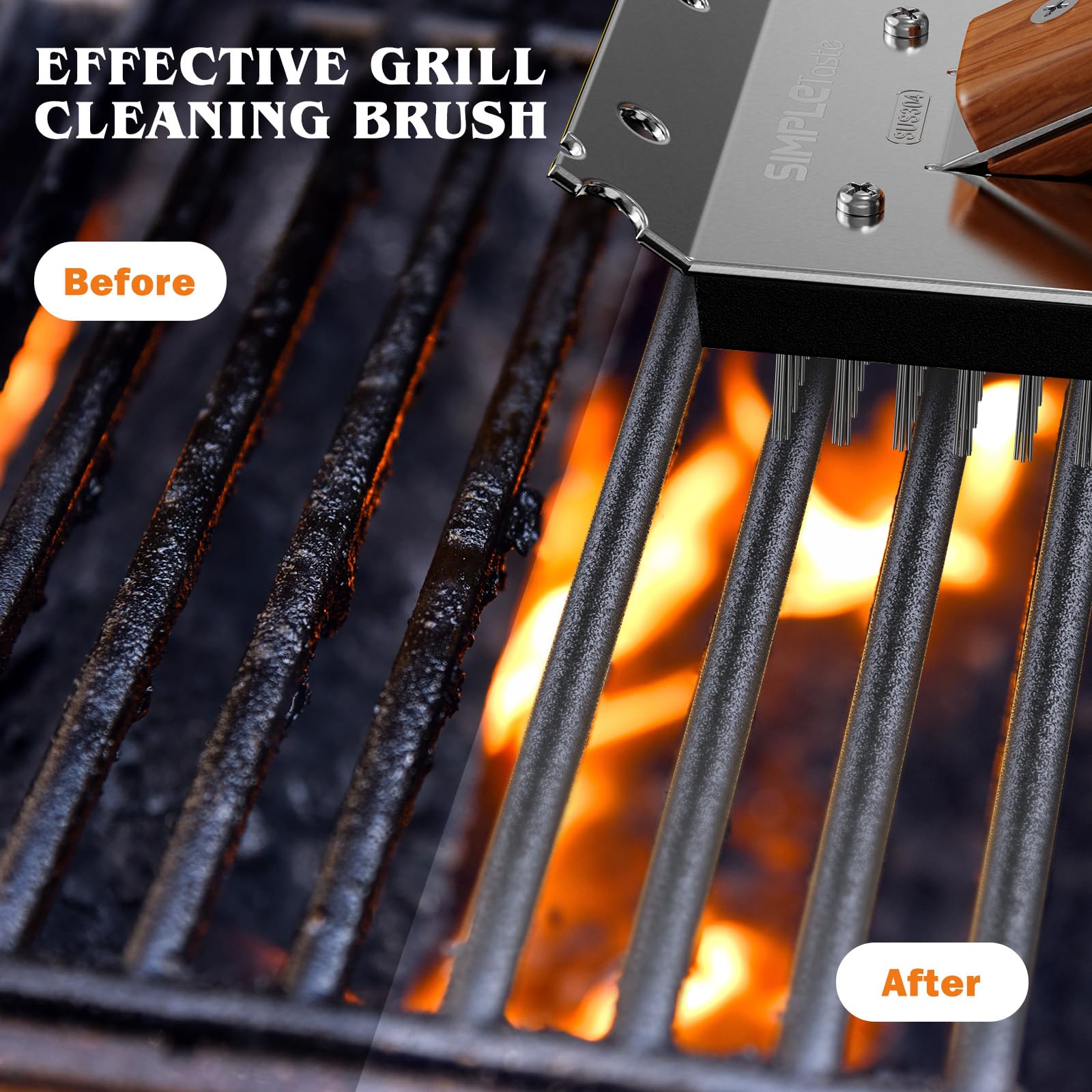 SIMPLETASTE Grill Brush & Scraper, Cherry Wooden Handle, Stainless Steel Bristles, XLarge BBQ Tool, Model 1-CF27NA02