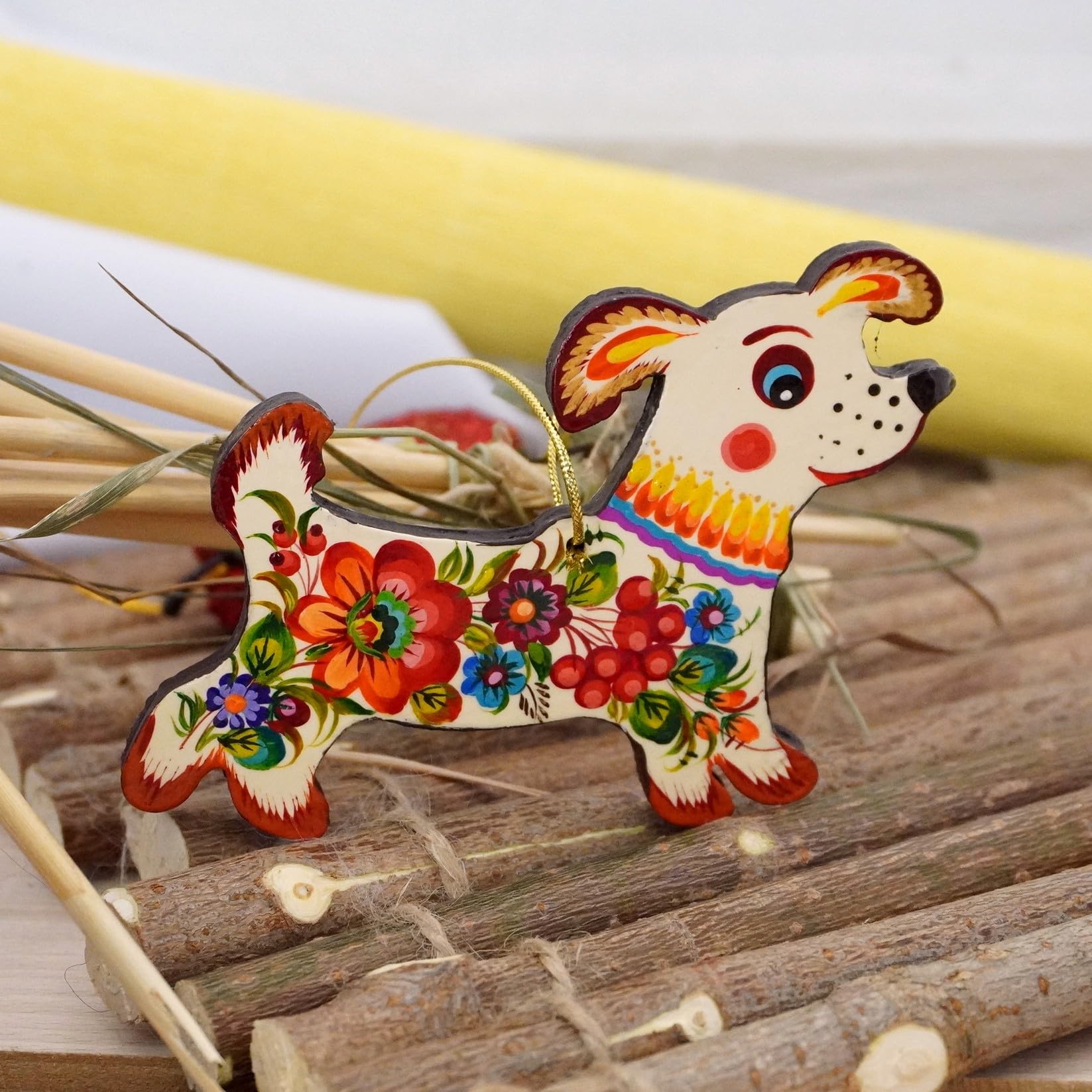 Dog Christmas Tree Ornament Wooden Flat Pet Decoration 3.9 x 3 x 0.2 inches Hand-painted Floral Ukrainian Folk Art Ornaments