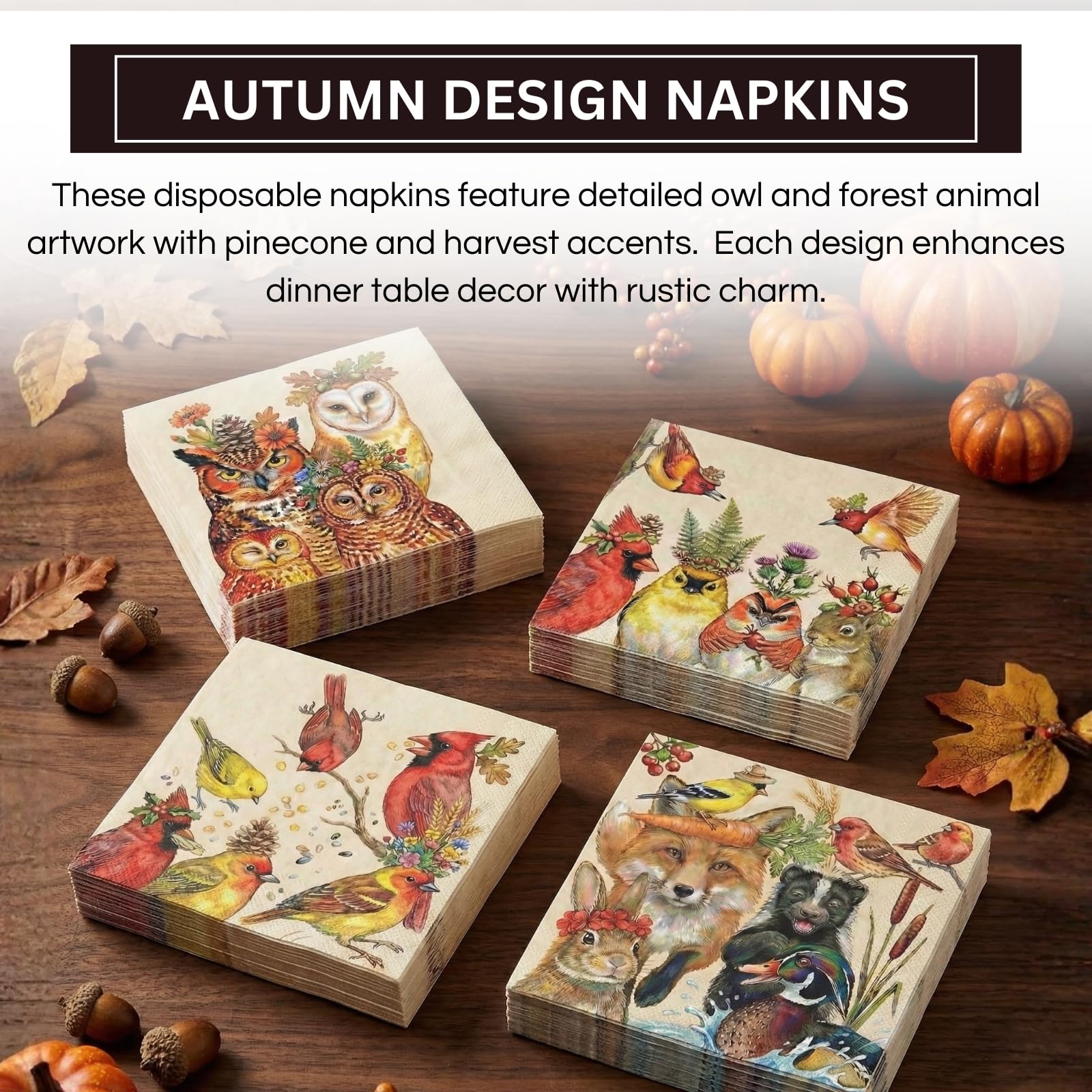 Khen Woodland Napkins, 100 Pack 4 Designs, 5" x 5" Folded Beige Square Disposable