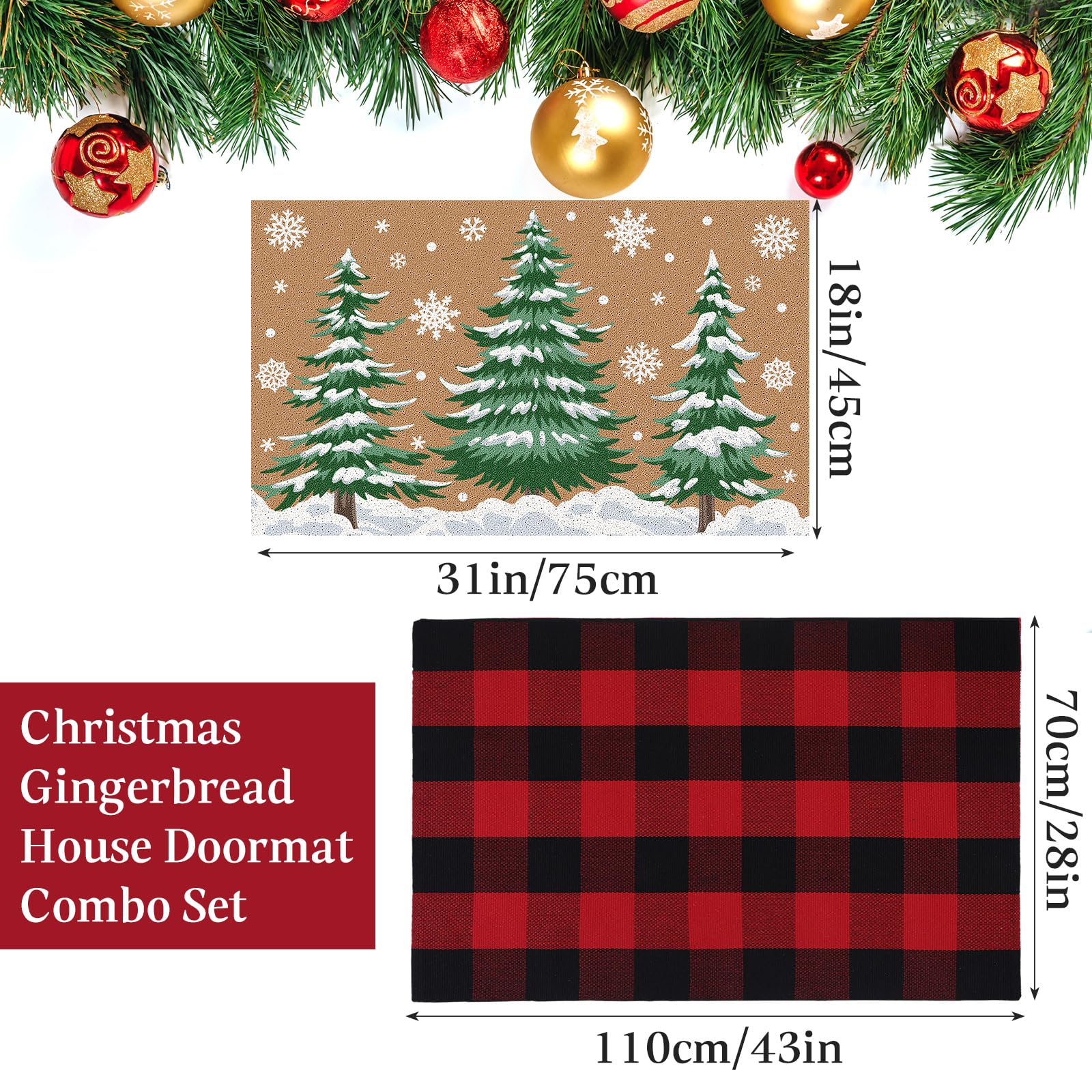 FuWeave 2 Pcs Christmas Doormats with Outdoor Rug Christmas Tree Door Mat Combo Set 100% Coir Welcome Mat and 27.5x 43 Buffalo P