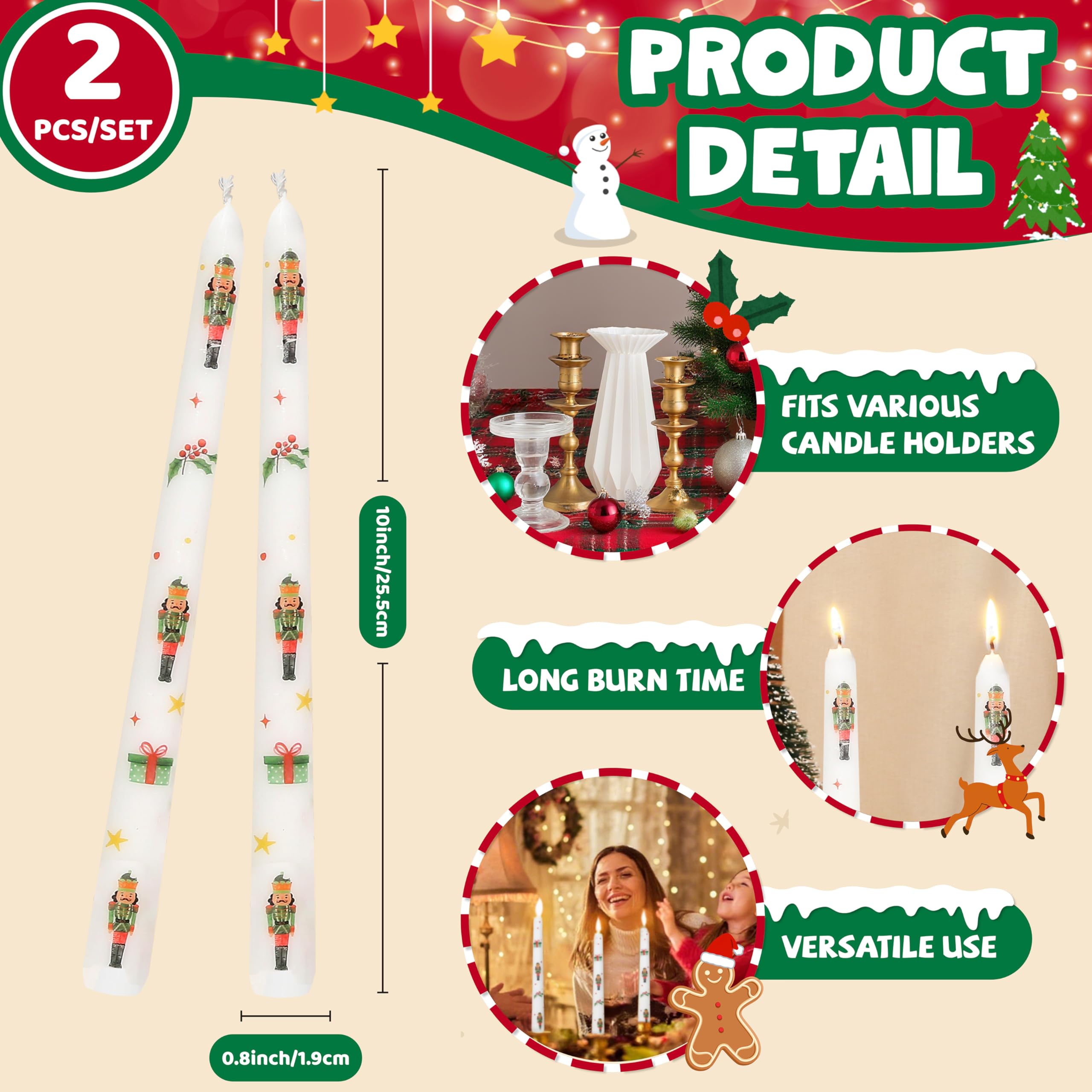 2 Pack Christmas Taper Candles, 10 Inch Unscented Candlesticks with Nutcracker Pattern for Holiday Table Centerpiece, Fireplace