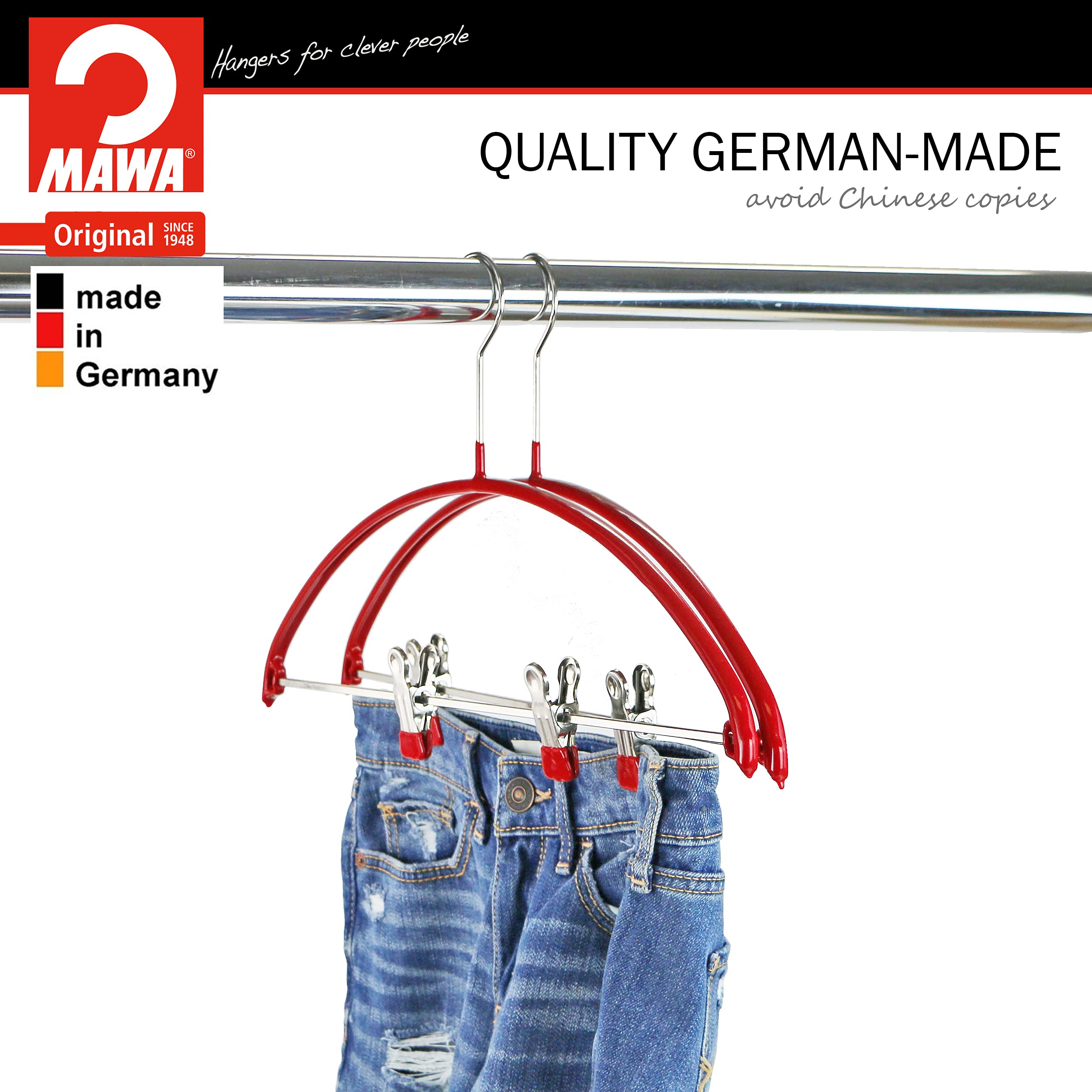 Mawa by Reston Lloyd European Non-Slip Metal Clothing Hanger  Smooth Shoulder Support & Adjustable Pant Clips  Set of 5  Red