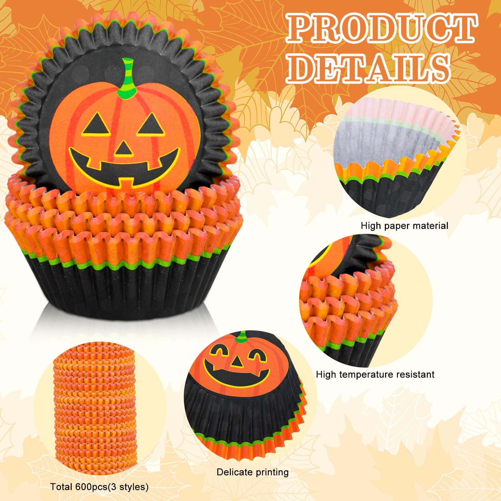 Whaline 600Pcs Halloween Cupcake Liners Pumpkin Face Pattern Cupcake Wrappers Baking Cups Holders Black Orange Muffin Baking Lin