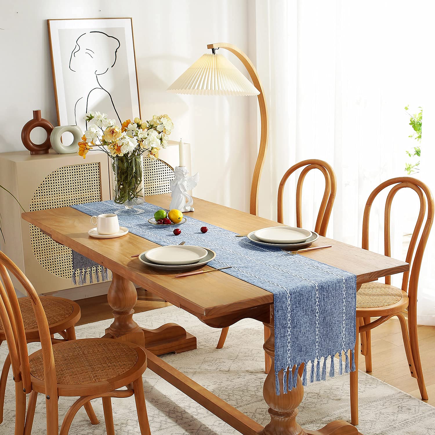 Chassic Rustic Farmhouse Style Linen Table Runner, Boho Handmade Tassel Embroidery Table Runners 108 Inches Long For Holiday Par