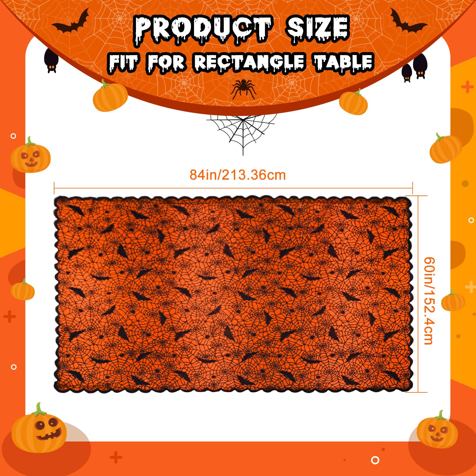 Ourwarm 2Pcs Halloween Tablecloth, Rectangular Polyester Black Lace & Orange Lined Tablecloth, Spider Web Table Cover For Scary