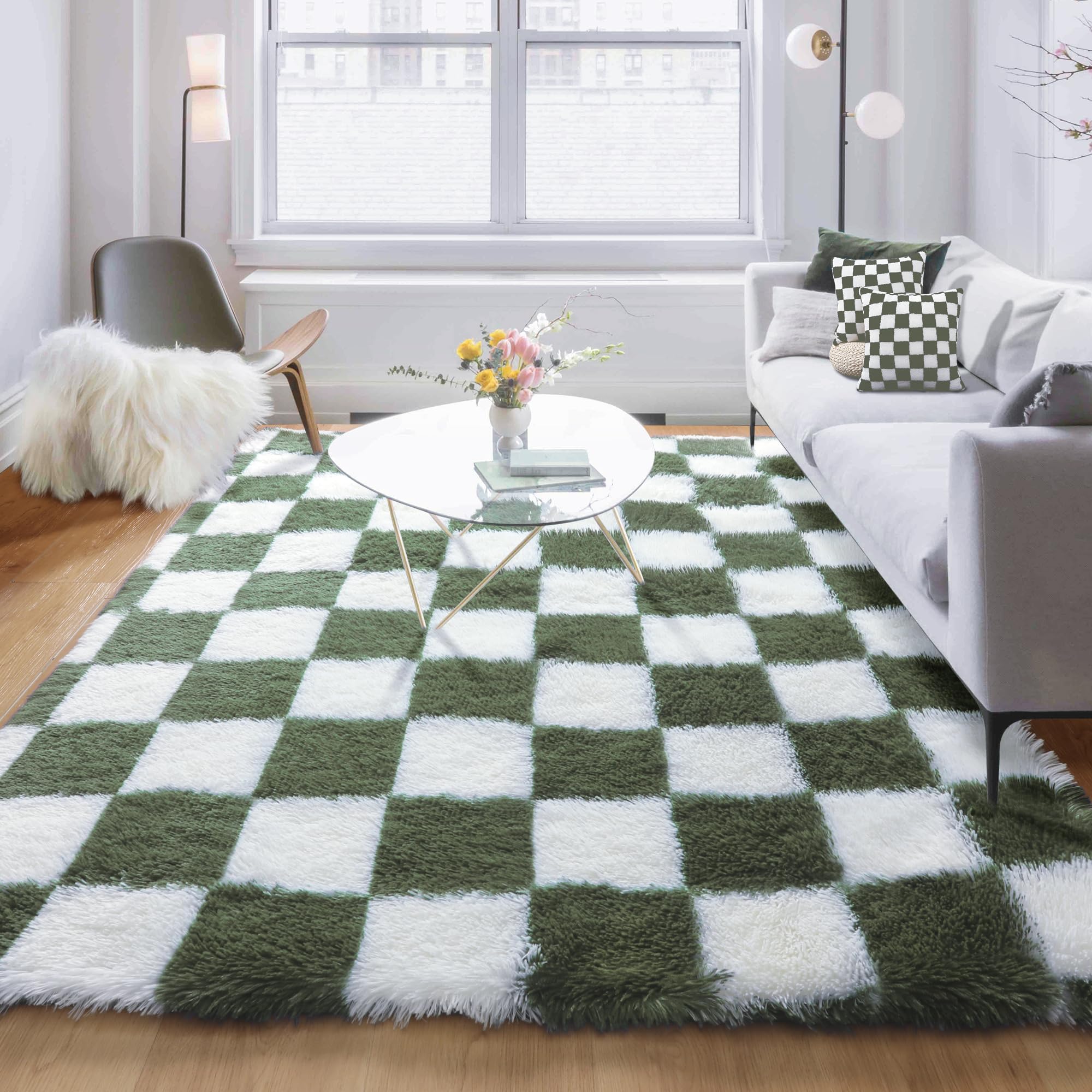 KICMOR Rugs for Living Room 5x8 Olive Green and White, Large Fluffy Soft Plush Checkered Area Rug Big Fuzzy Shag Shaggy Carpet f